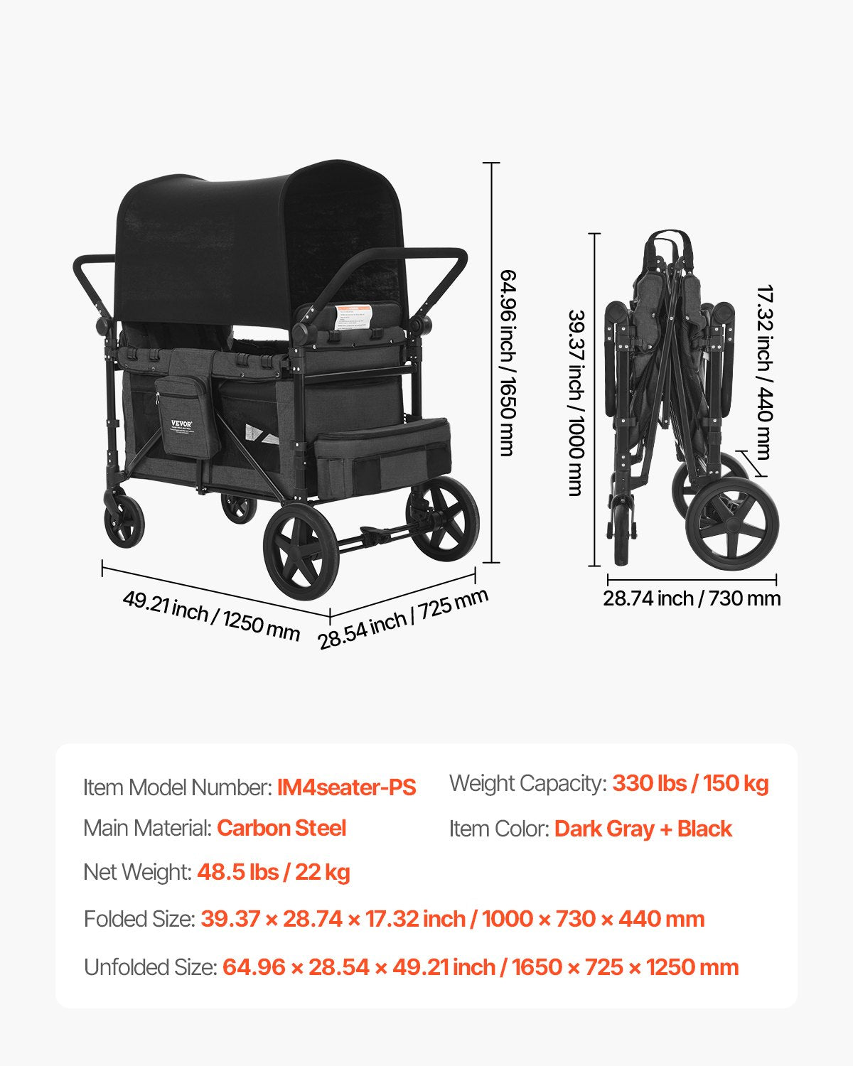 Wagon Stroller for 4 Kids Push Pull Quad Collapsible Stroller for Camping 
