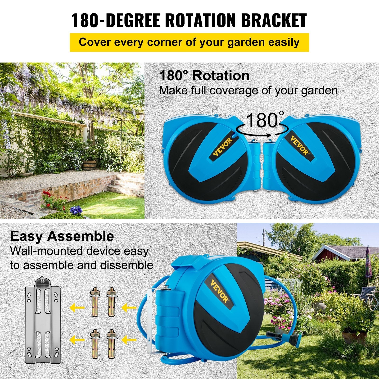 VEVOR Retractable Hose Reel, 1/2 inch x 100 ft, Any Length Lock & Automatic Rewind Water Hose, Wall Mounted Garden Hose Reel w/ 180° Swivel Bracket and 8 Pattern Hose Nozzle, Blue 