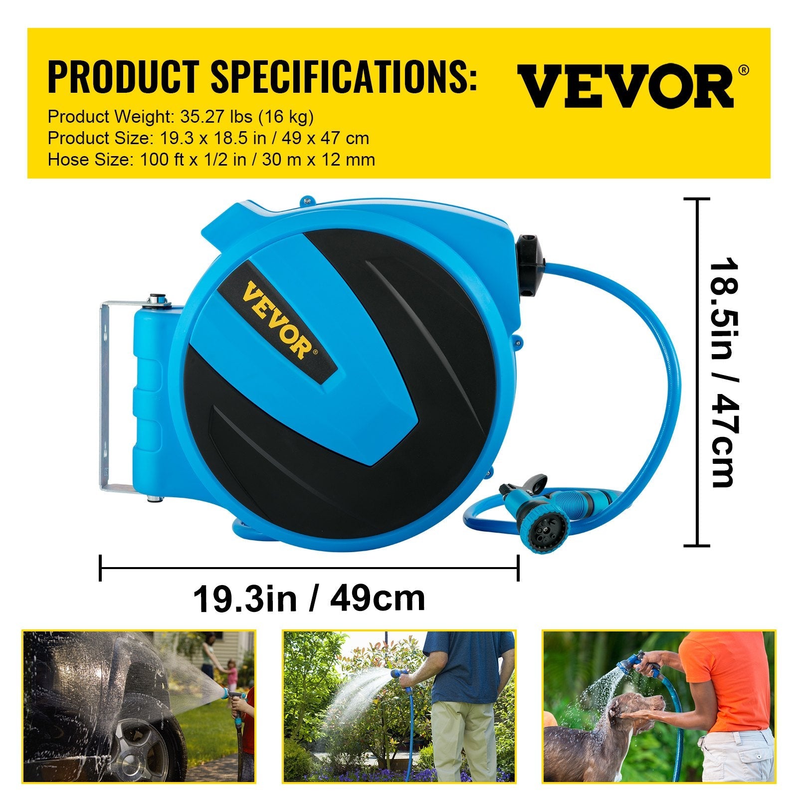 VEVOR Retractable Hose Reel, 1/2 inch x 100 ft, Any Length Lock & Automatic Rewind Water Hose, Wall Mounted Garden Hose Reel w/ 180° Swivel Bracket and 8 Pattern Hose Nozzle, Blue 