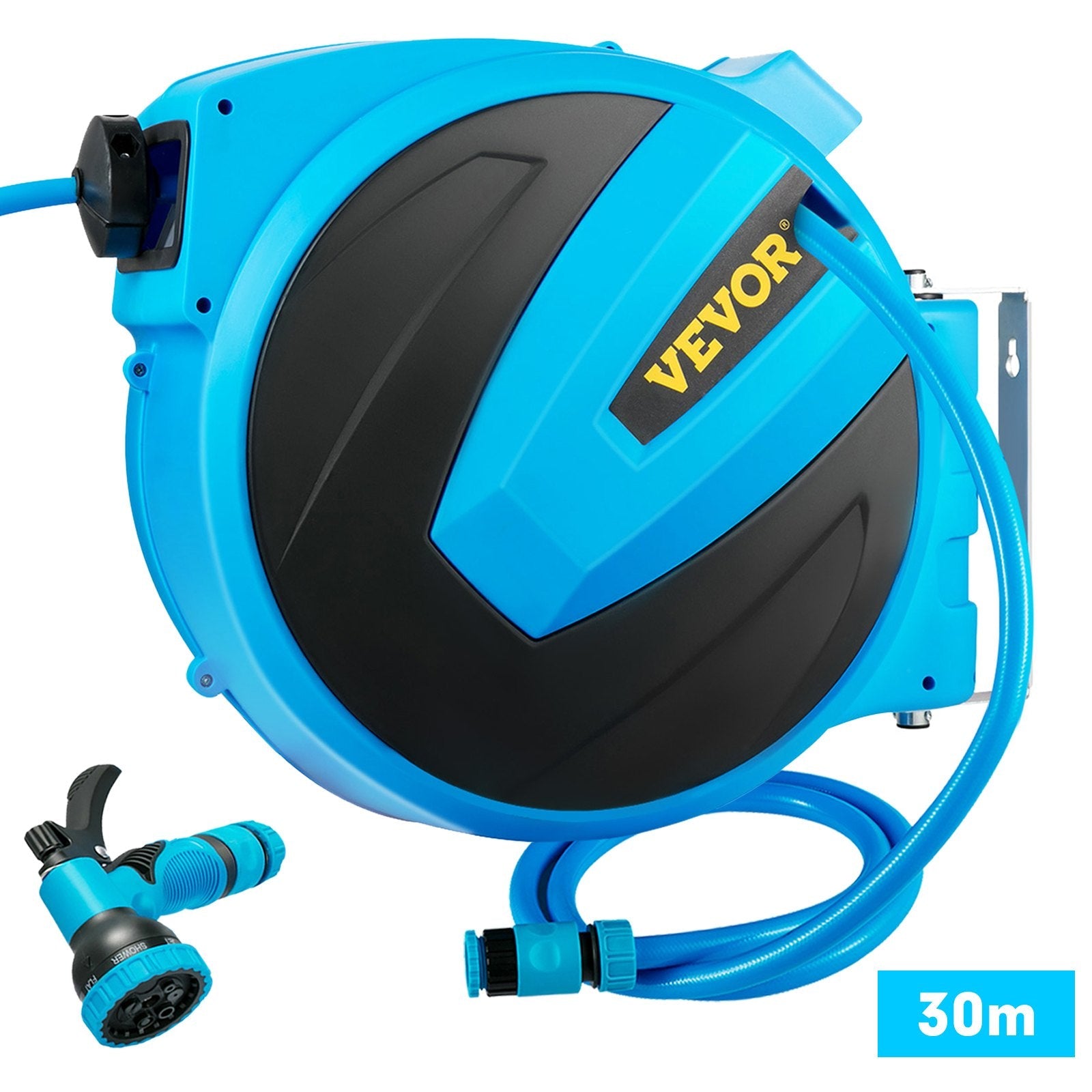 VEVOR Retractable Hose Reel, 1/2 inch x 100 ft, Any Length Lock & Automatic Rewind Water Hose, Wall Mounted Garden Hose Reel w/ 180° Swivel Bracket and 8 Pattern Hose Nozzle, Blue 