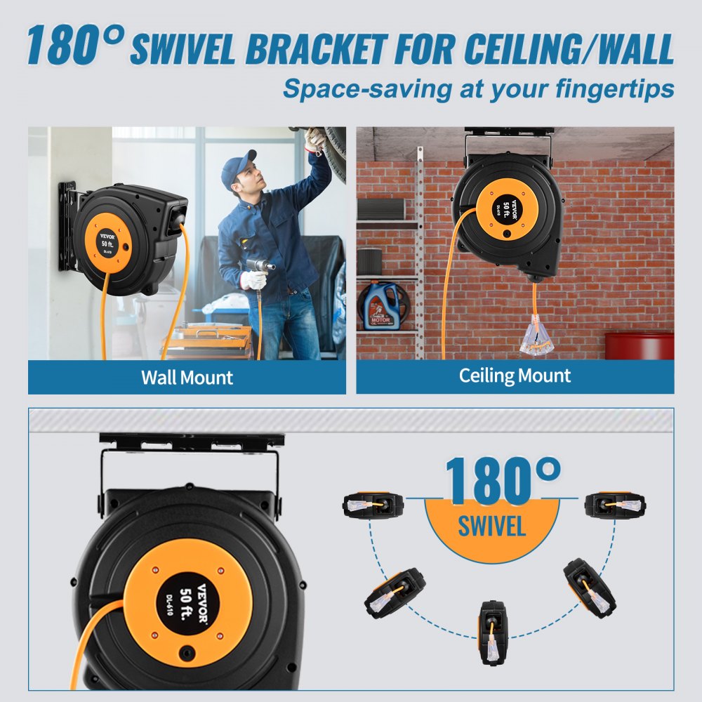 Tuspuzz Retractable Extension Reel, 50 FT Heavy Duty 14AWG/3C SJTOW Power Cord with Lighted Triple Tap Outlet, 13 Amp Circuit Breaker, 180° Swivel Bracket for Ceiling or Wall Tested to UL Standards 