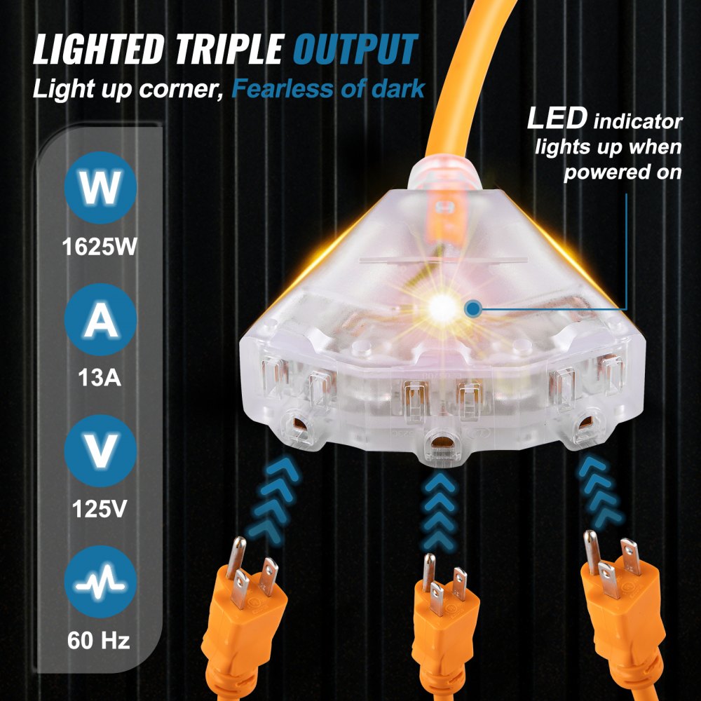 Tuspuzz Retractable Extension Reel, 50 FT Heavy Duty 14AWG/3C SJTOW Power Cord with Lighted Triple Tap Outlet, 13 Amp Circuit Breaker, 180° Swivel Bracket for Ceiling or Wall Tested to UL Standards 