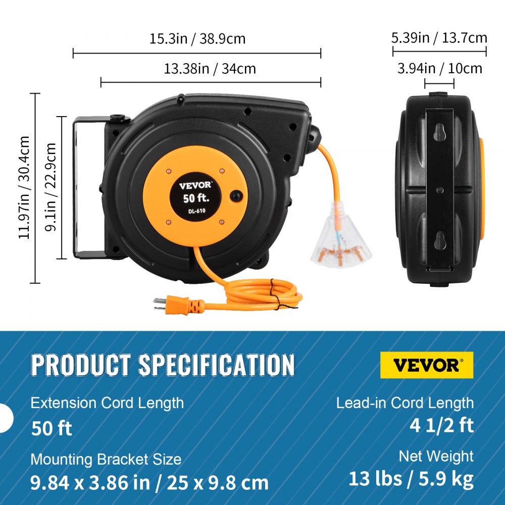 Tuspuzz Retractable Extension Reel, 50 FT Heavy Duty 14AWG/3C SJTOW Power Cord with Lighted Triple Tap Outlet, 13 Amp Circuit Breaker, 180° Swivel Bracket for Ceiling or Wall Tested to UL Standards 