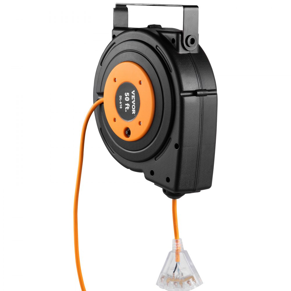Tuspuzz Retractable Extension Reel, 50 FT Heavy Duty 14AWG/3C SJTOW Power Cord with Lighted Triple Tap Outlet, 13 Amp Circuit Breaker, 180° Swivel Bracket for Ceiling or Wall Tested to UL Standards 