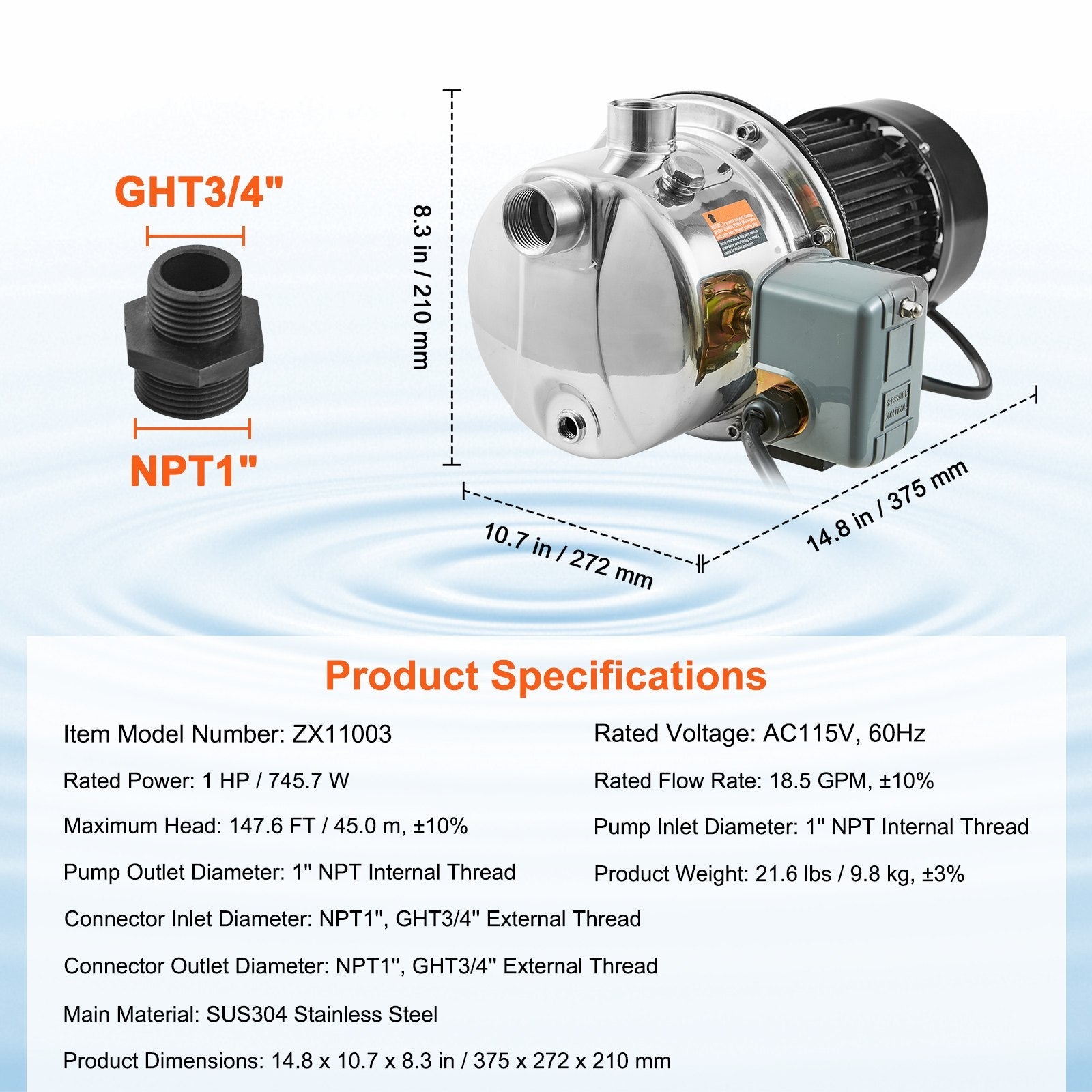 VEVOR 1HP SUS304 Stainless Steel Shallow Well Jet Pump, 115 Volt, 18.5 GPM 147.6 FT Maximum Head Irrigation Water Pump, for Agricultural Garden Irrigation System High-Rise Water Supply Shower Booster 