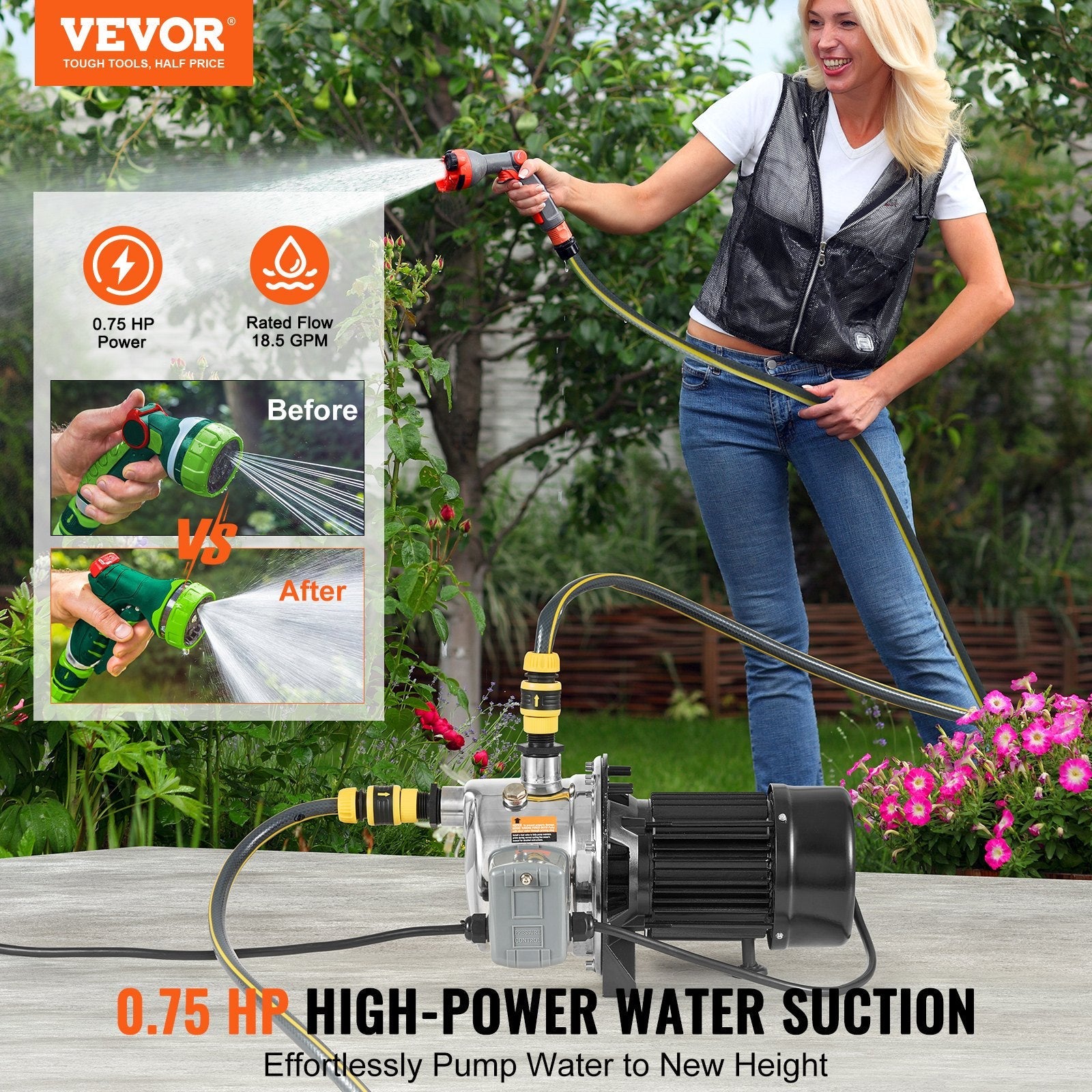 VEVOR 3/4HP SUS304 Stainless Steel Shallow Well Jet Pump, 115 Volt, 18.5 GPM 131 FT Maximum Head Irrigation Water Pump, for Agricultural Garden Irrigation System High-Rise Water Supply Shower Booster 