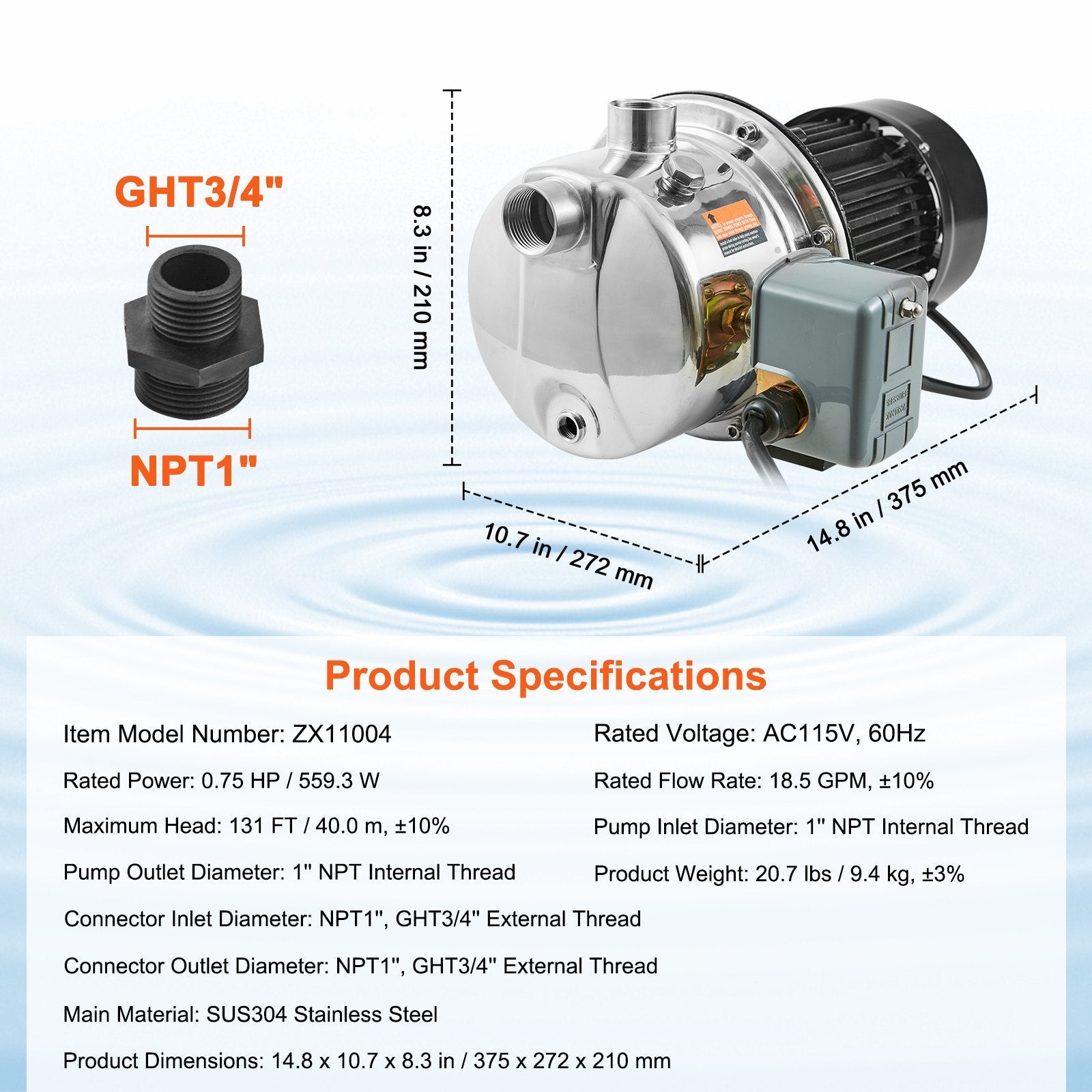VEVOR 3/4HP SUS304 Stainless Steel Shallow Well Jet Pump, 115 Volt, 18.5 GPM 131 FT Maximum Head Irrigation Water Pump, for Agricultural Garden Irrigation System High-Rise Water Supply Shower Booster 