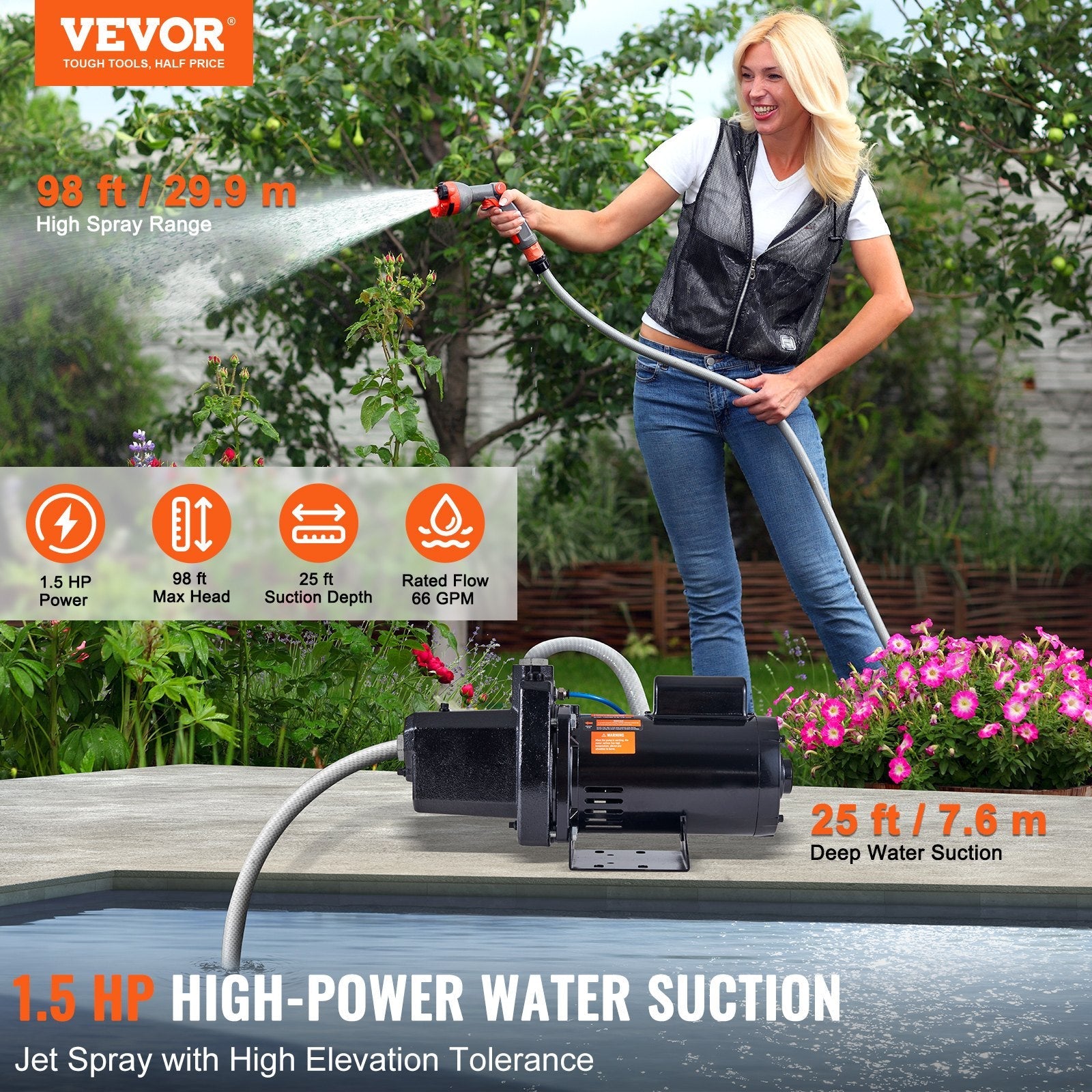 VEVOR 1.5 HP Cast Iron Sprinkler/Irrigation Pump, 115/230 Volt, 66 GPM 3450 RPM Shallow Well Jet Water Pump Booster, 1'' NPT Outlet 1-1/4'' NPT Inlet Lake Lawn Pump for Irrigation Sprinkler System 