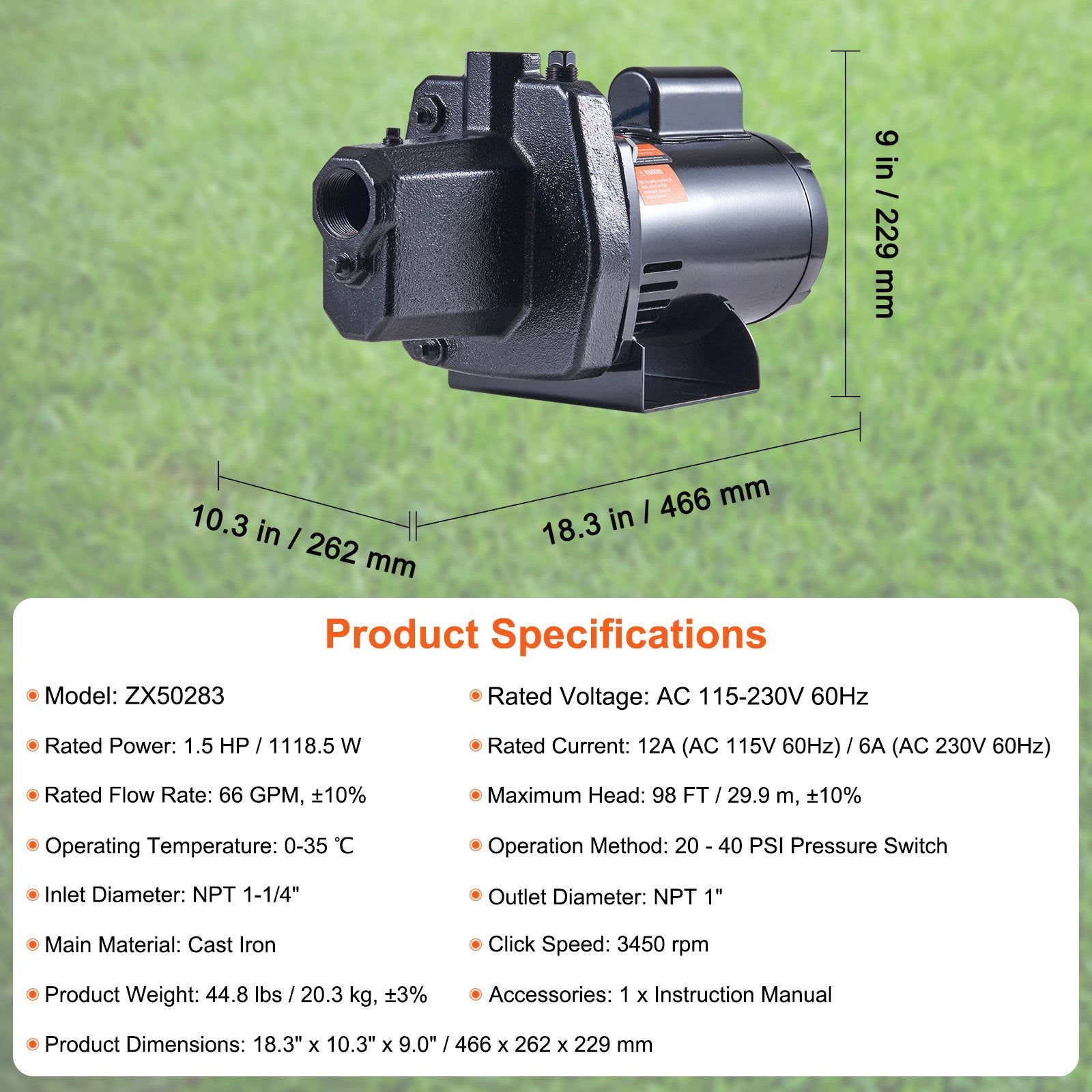 VEVOR 1.5 HP Cast Iron Sprinkler/Irrigation Pump, 115/230 Volt, 66 GPM 3450 RPM Shallow Well Jet Water Pump Booster, 1'' NPT Outlet 1-1/4'' NPT Inlet Lake Lawn Pump for Irrigation Sprinkler System 