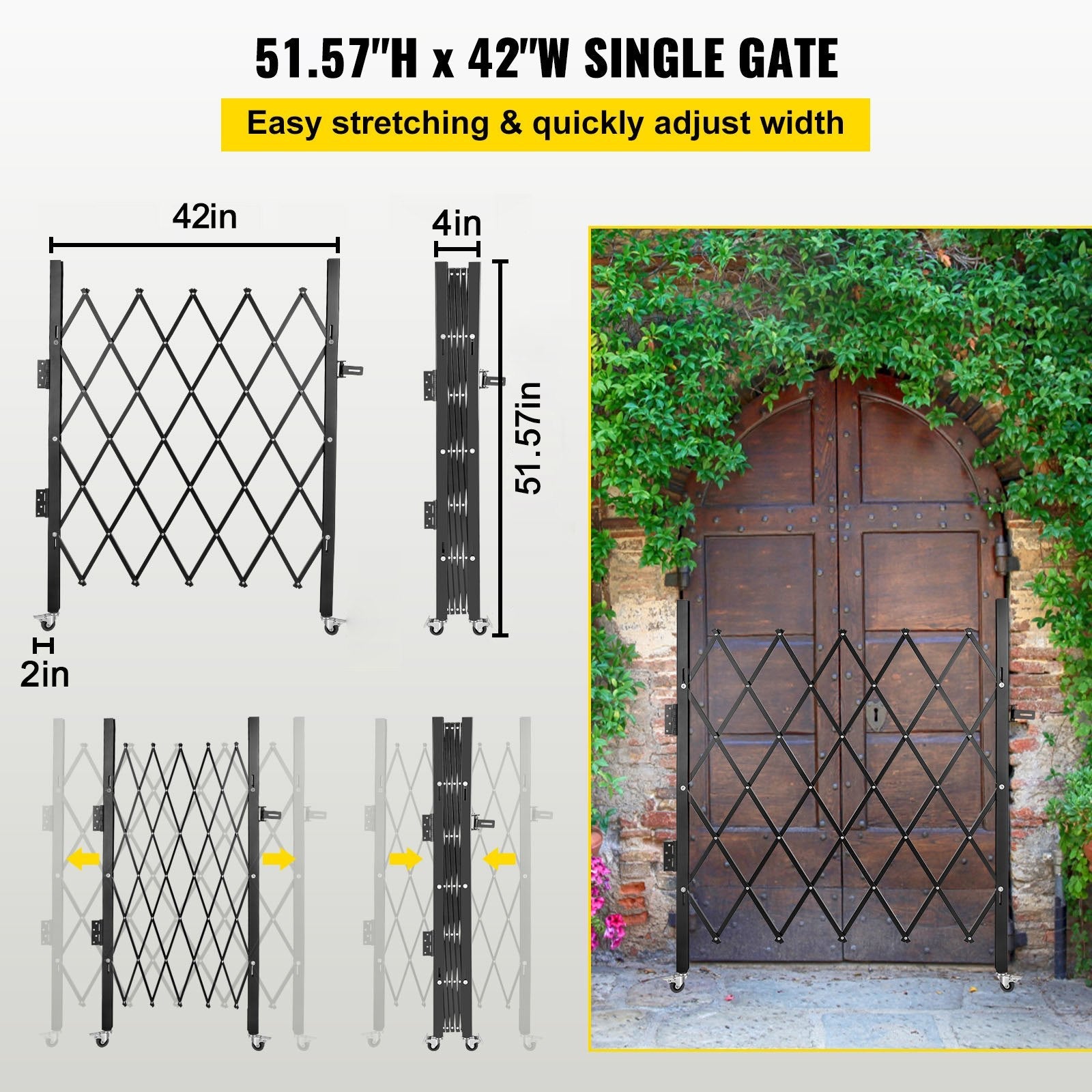 VEVOR Single Folding Security Gate, 48" W x 37" H Folding Door Gate, Steel Accordion Security Gate, Flexible Expanding Security Gate, 360° Rolling Barricade Gate, Scissor Gate or Door with Padlock 