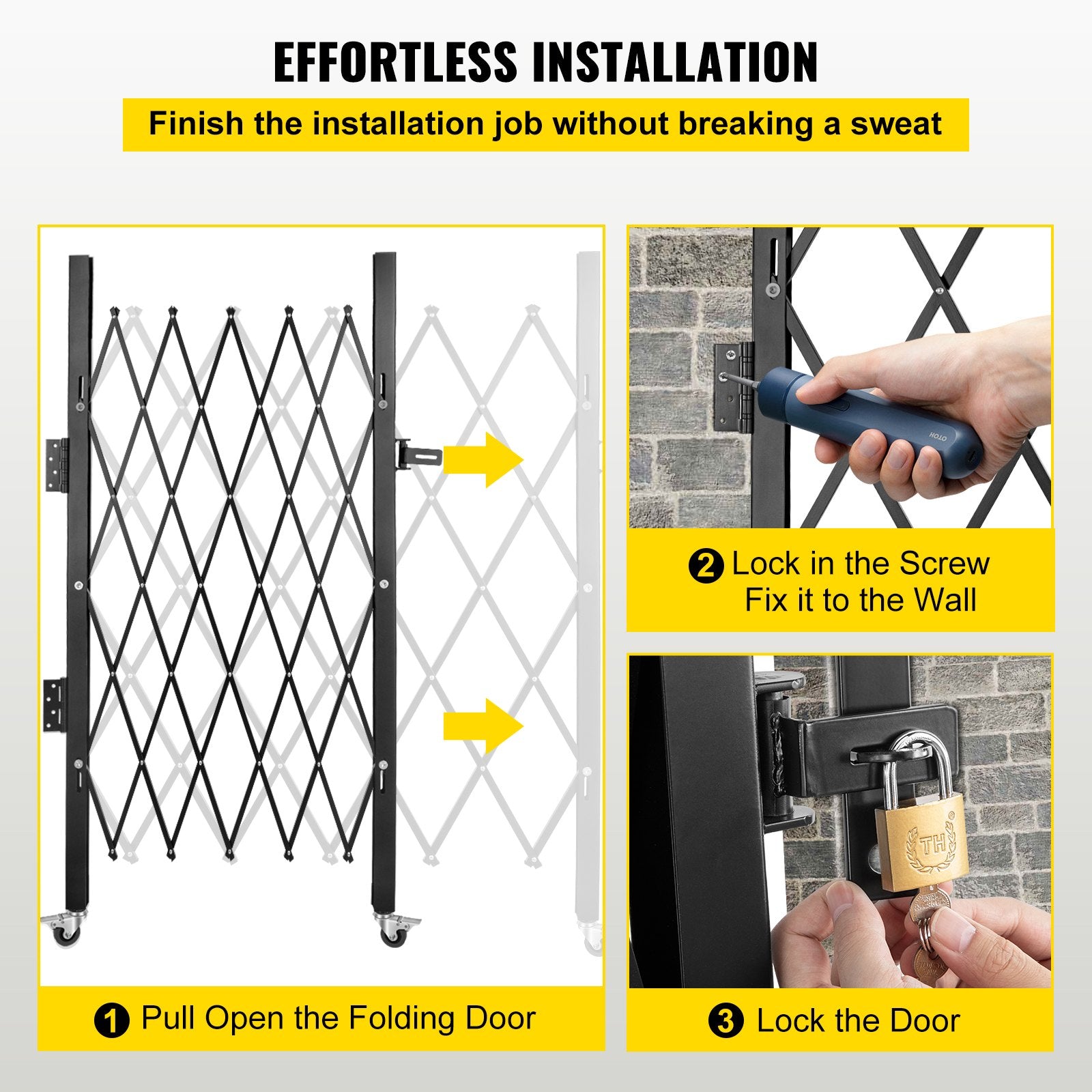 VEVOR Single Folding Security Gate, 48" W x 37" H Folding Door Gate, Steel Accordion Security Gate, Flexible Expanding Security Gate, 360° Rolling Barricade Gate, Scissor Gate or Door with Padlock 