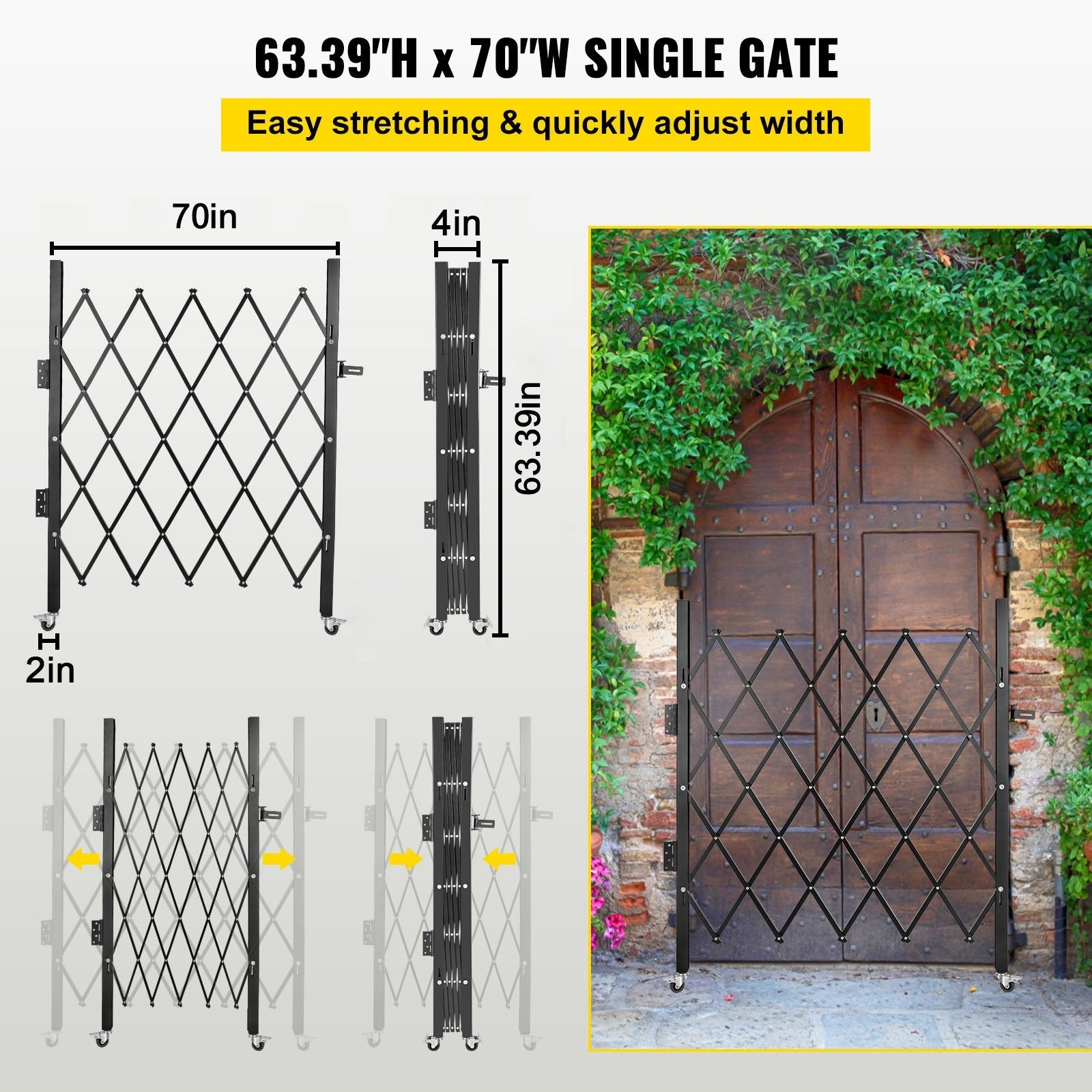 VEVOR Single Folding Security Gate, 5.1'H x 5.9'W ?61 x 71 inch?Folding Door Gate, Steel Accordion Security Gate, Flexible Expanding Security Gate, 360° Rolling Barricade Gate, Scissor Gate/Door with Padlock 