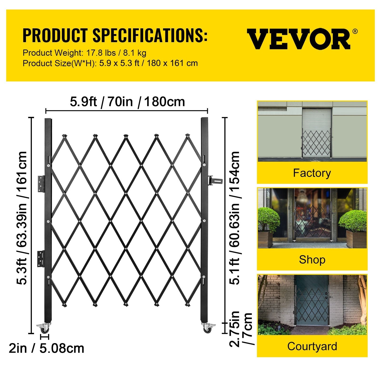 VEVOR Single Folding Security Gate, 5.1'H x 5.9'W ?61 x 71 inch?Folding Door Gate, Steel Accordion Security Gate, Flexible Expanding Security Gate, 360° Rolling Barricade Gate, Scissor Gate/Door with Padlock 