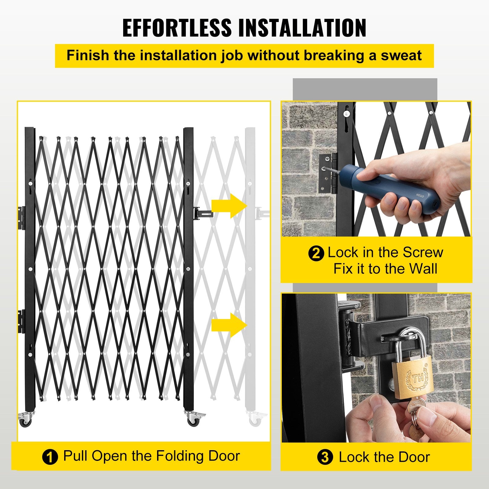 VEVOR Single Folding Security Gate, 75"W x 50"H Folding Door Gate, Steel Accordion Security Gate, Flexible Expanding Security Gate, 360° Rolling Barricade Gate, Scissor Gate or Door with Padlock 