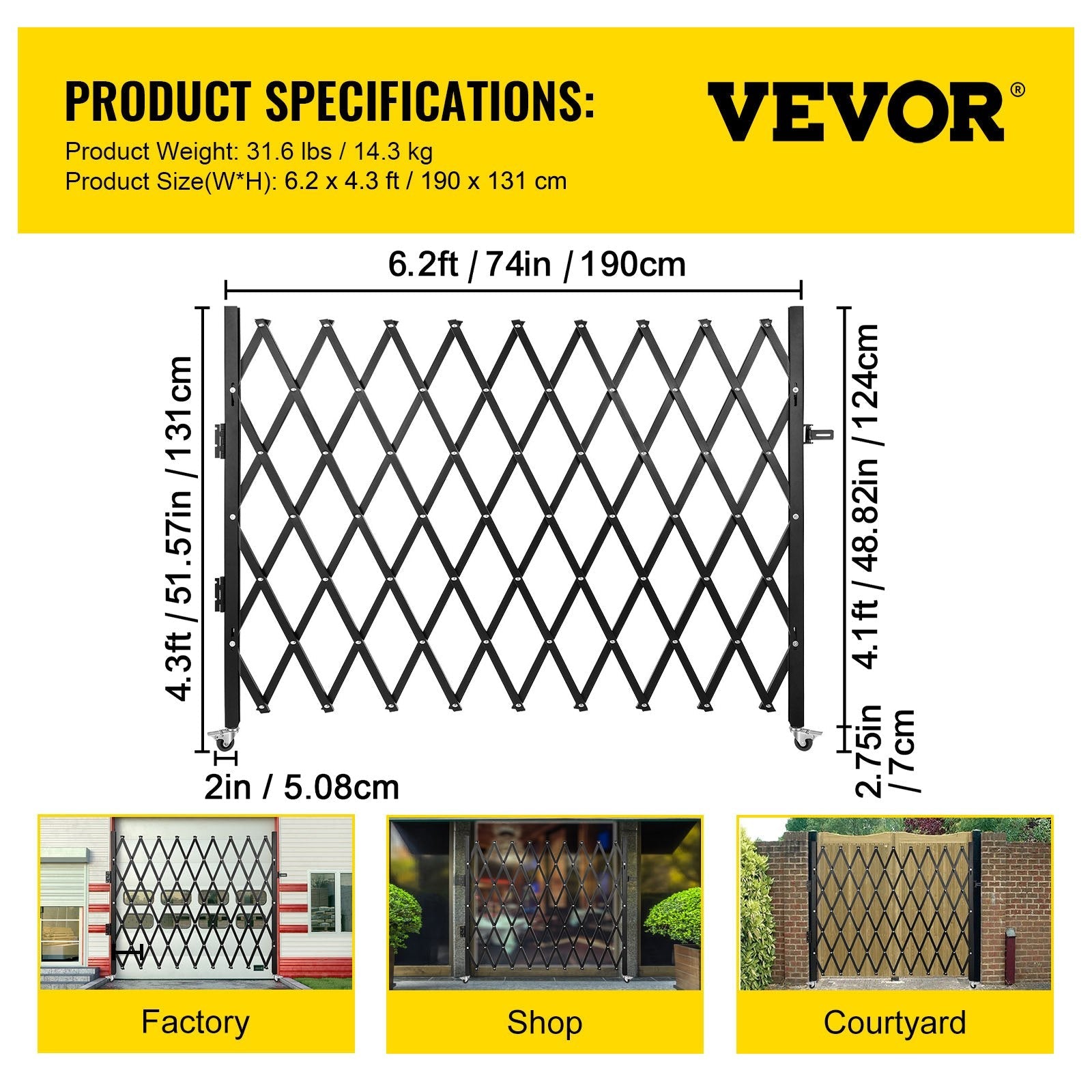 VEVOR Single Folding Security Gate, 75"W x 50"H Folding Door Gate, Steel Accordion Security Gate, Flexible Expanding Security Gate, 360° Rolling Barricade Gate, Scissor Gate or Door with Padlock 
