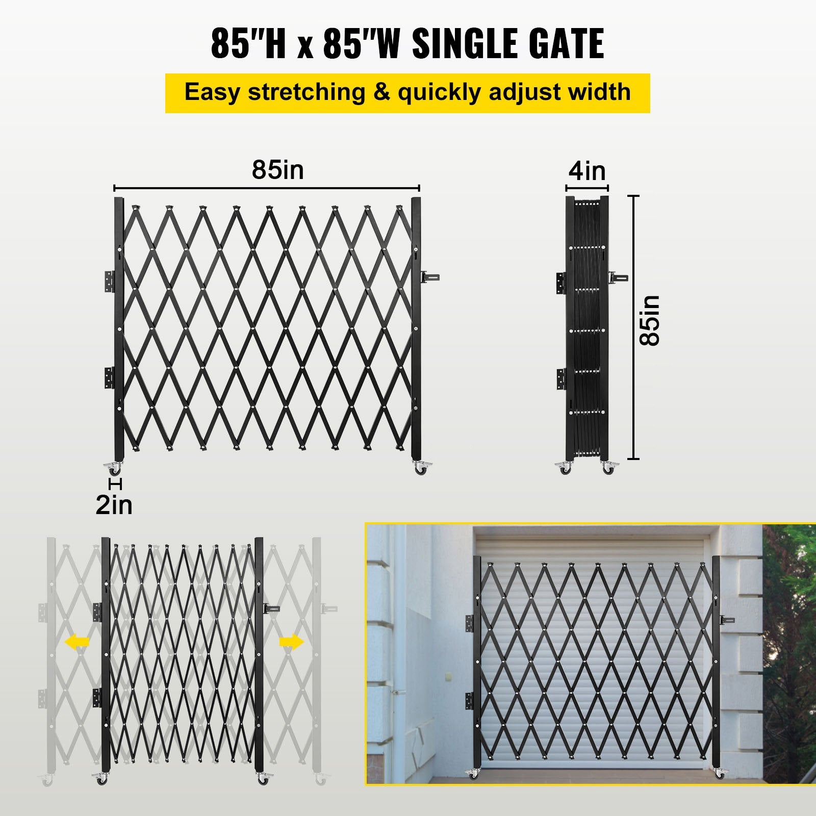 VEVOR Single Folding Security Gate, 7.1' H x 7.1' W?85 x 85 inch? Folding Door Gate, Steel Accordion Security Gate, Flexible Expanding Security Gate, 360° Rolling Barricade Gate, Scissor Gate/Door with Padlock 