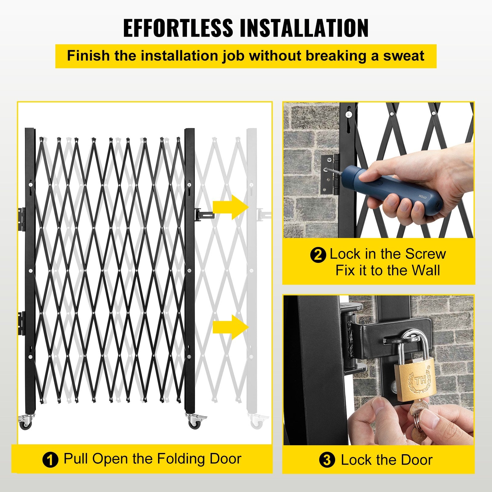 VEVOR Single Folding Security Gate, 7.1' H x 7.1' W?85 x 85 inch? Folding Door Gate, Steel Accordion Security Gate, Flexible Expanding Security Gate, 360° Rolling Barricade Gate, Scissor Gate/Door with Padlock 