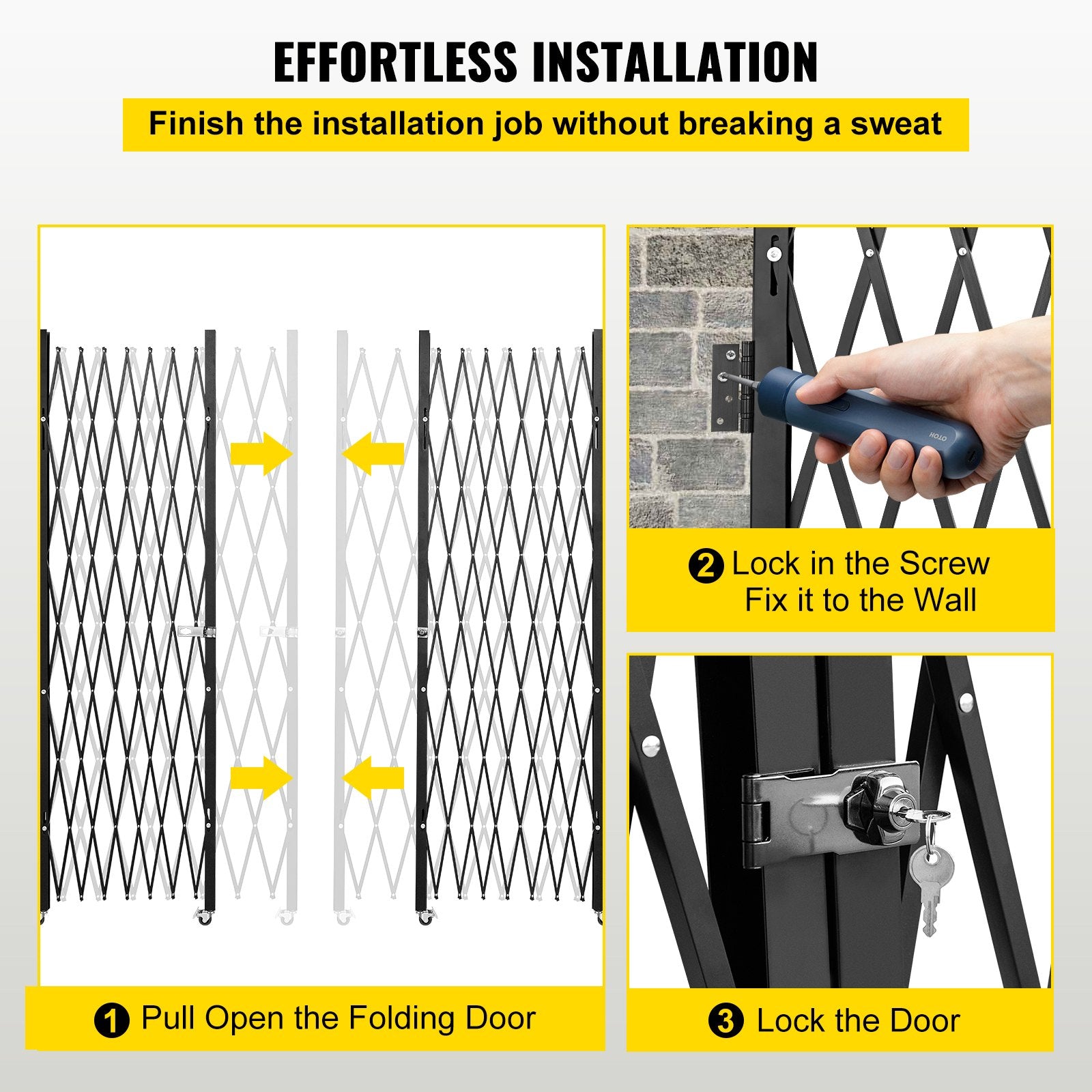 VEVOR Double Folding Security Gate, 7.1' H x 12.5' W Folding Door Gate, Steel Accordion Security Gate, Flexible Expanding Security Gate, 360° Rolling Barricade Gate, Scissor Gate or Door w/ Padlock 