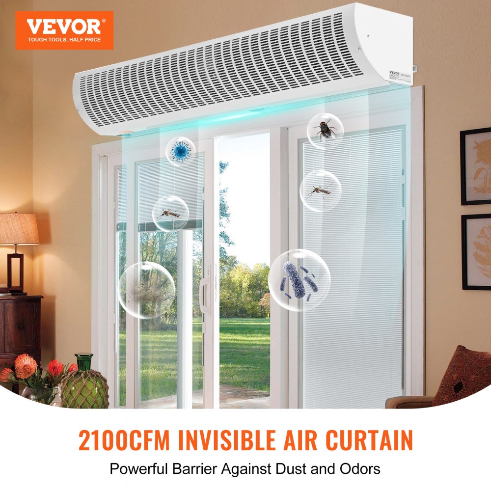 VEVOR 60" Commercial Indoor Air Curtain Super Power 2 Speeds 2100CFM, Tested to UL Standards Wall Mounted Air Curtains for Doors, Indoor Over Door Fan with Heavy Duty Limit Switch, Easy-Install 110V Unheated 