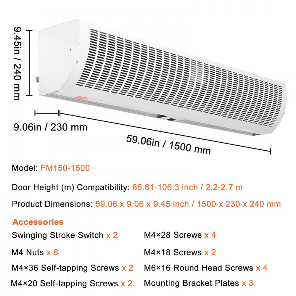 VEVOR 60" Commercial Indoor Air Curtain Super Power 2 Speeds 2100CFM, Tested to UL Standards Wall Mounted Air Curtains for Doors, Indoor Over Door Fan with Heavy Duty Limit Switch, Easy-Install 110V Unheated 