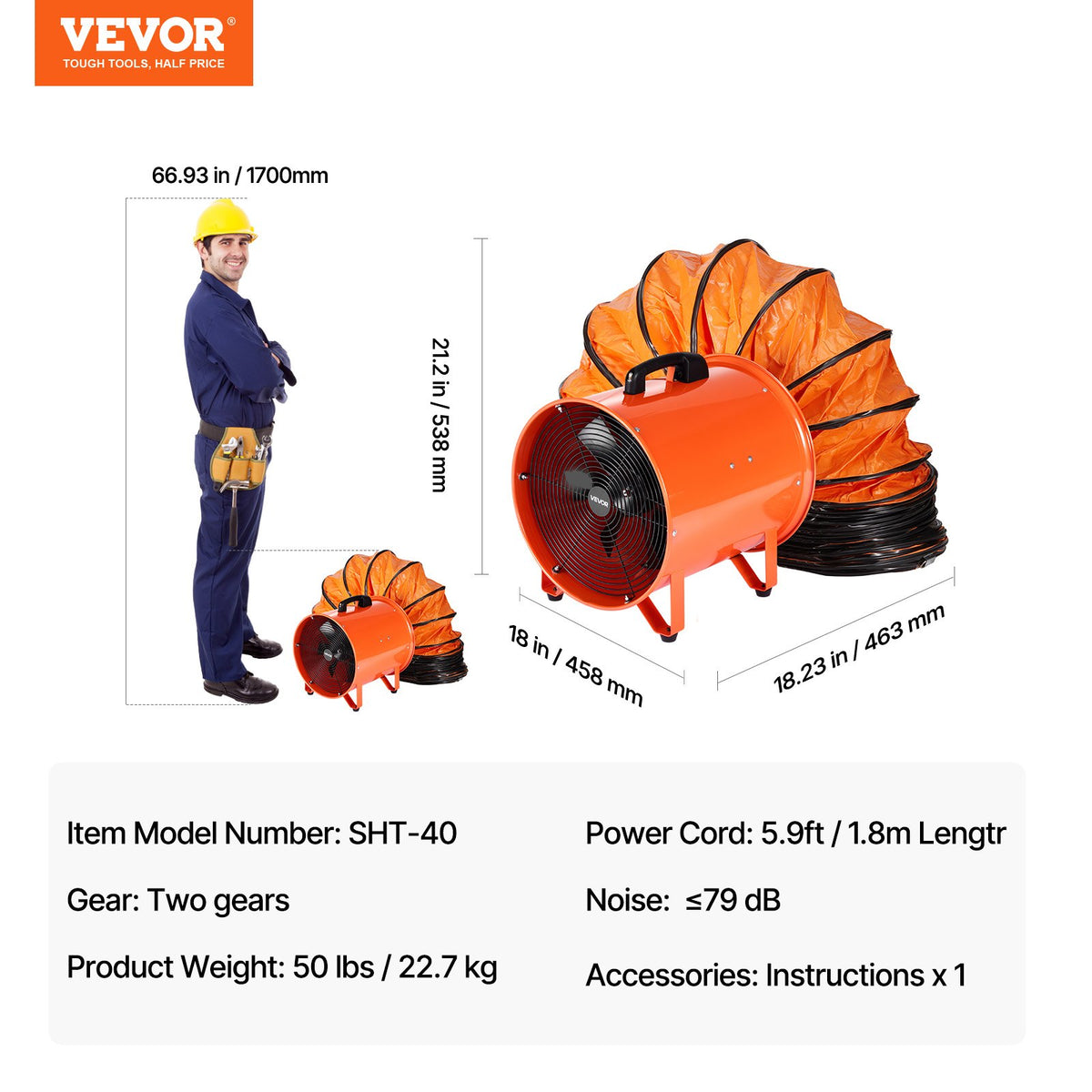 16-Inch Industrial Ventilation Fan with 33 ft Duct Hose, 1350W Portable Exhaust Blower, 5175 CFM