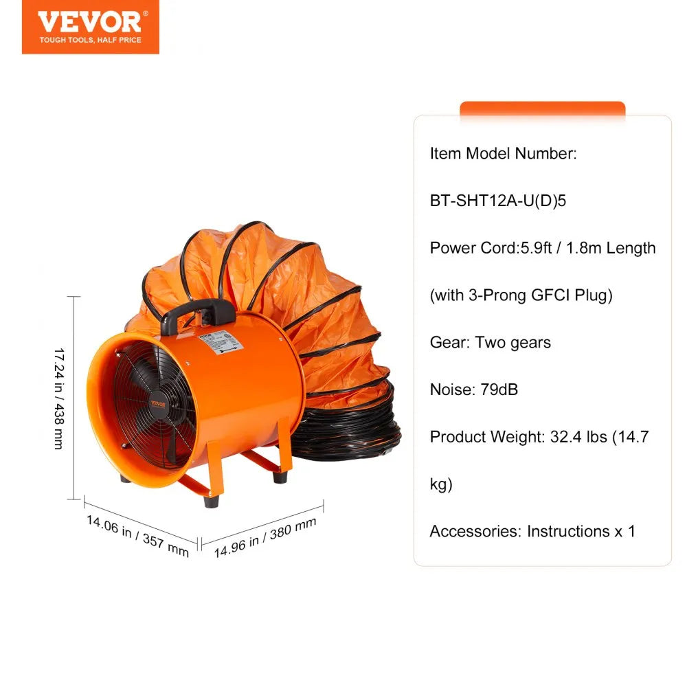 VEVOR Portable Ventilator, 12" Cylinder Fan, 560W Industrial Blower, Utility Exhaust Fan, Shop Dust Blower, Smoke Extraction Fan, Heavy Duty Ventilator, 16.4ft Duct Hose Fan, AC120V Portable Fan, Strong Airflow Ventilator