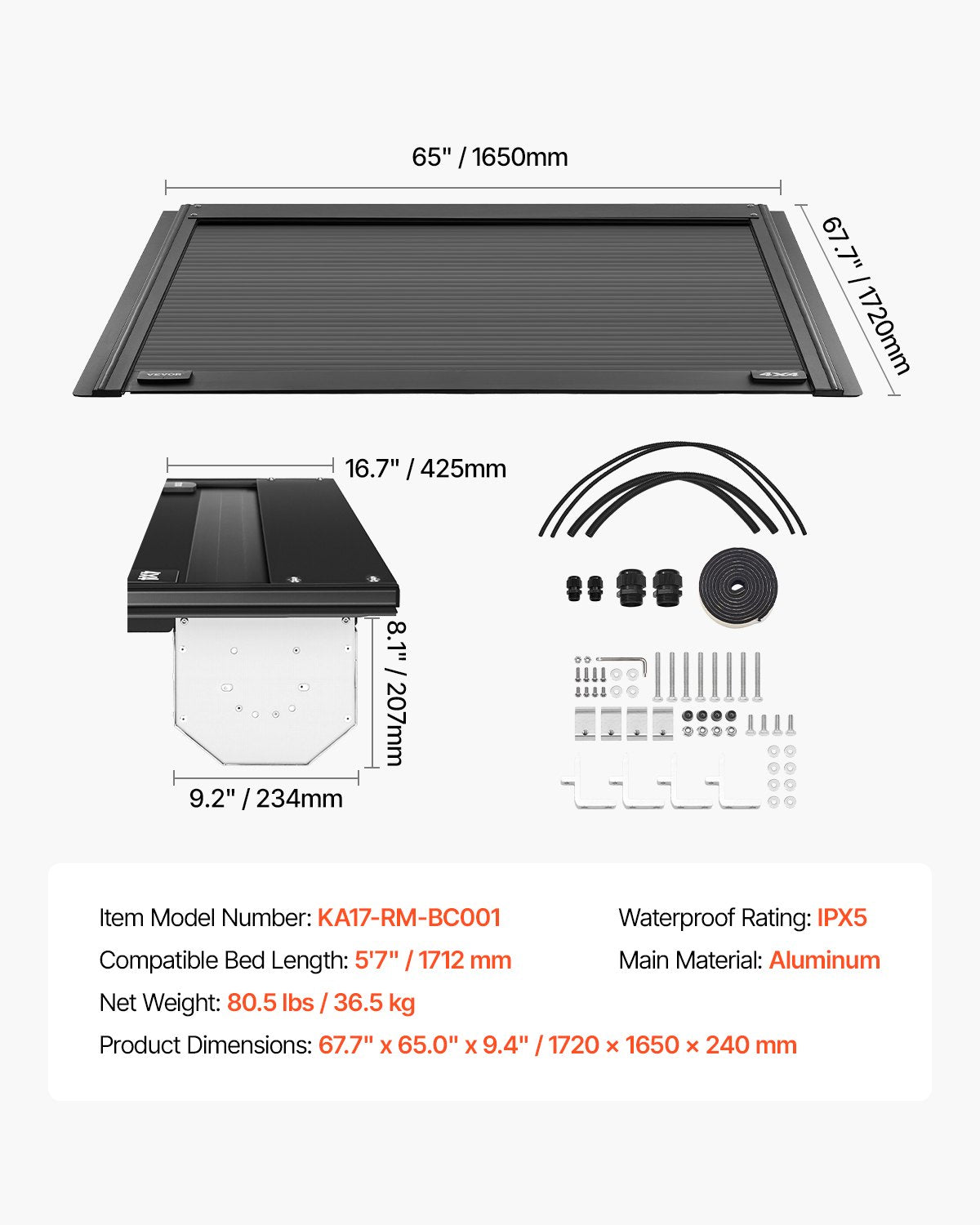 VEVOR 5.7 ft Retractable Tonneau Cover Hard Tonneau Cover for Dodge Ram 1500 