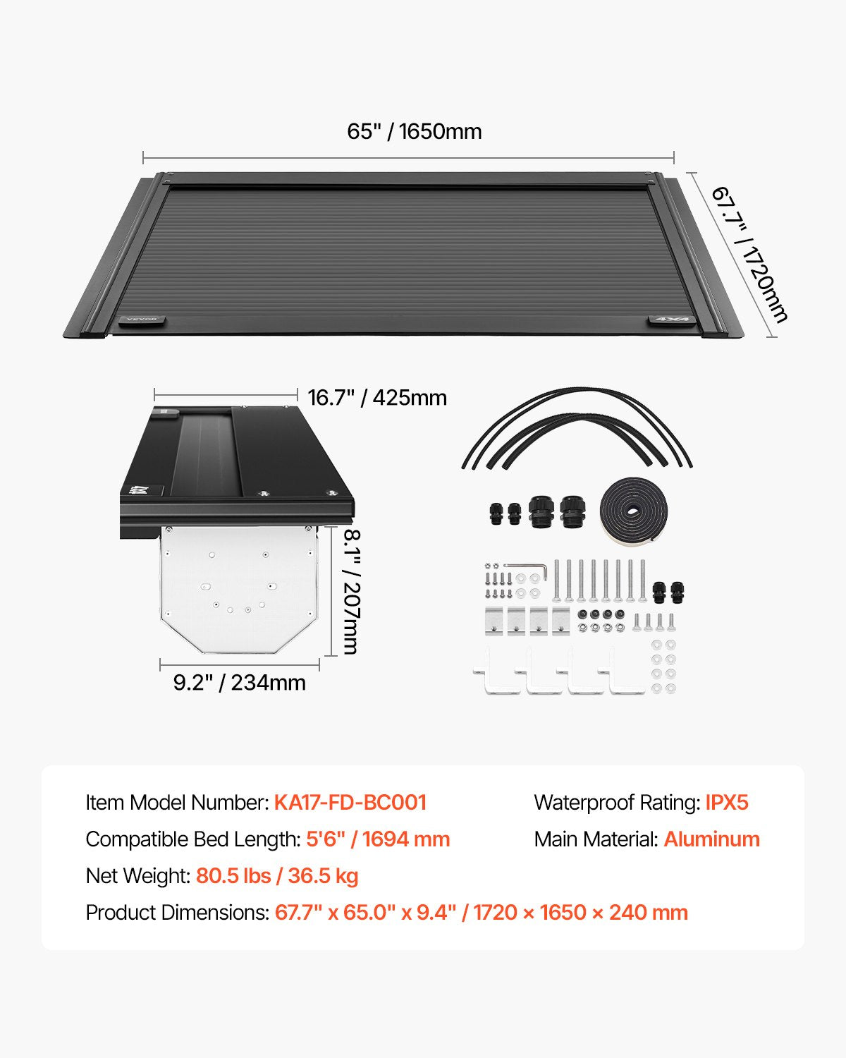 VEVOR 5.5 ft Retractable Tonneau Cover Hard Tonneau Cover for Ford F150 
