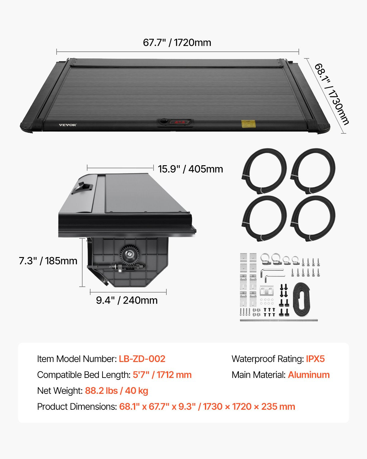VEVOR 5.7 ft Retractable Tonneau Cover Hard Tonneau Cover for Dodge Ram1500 