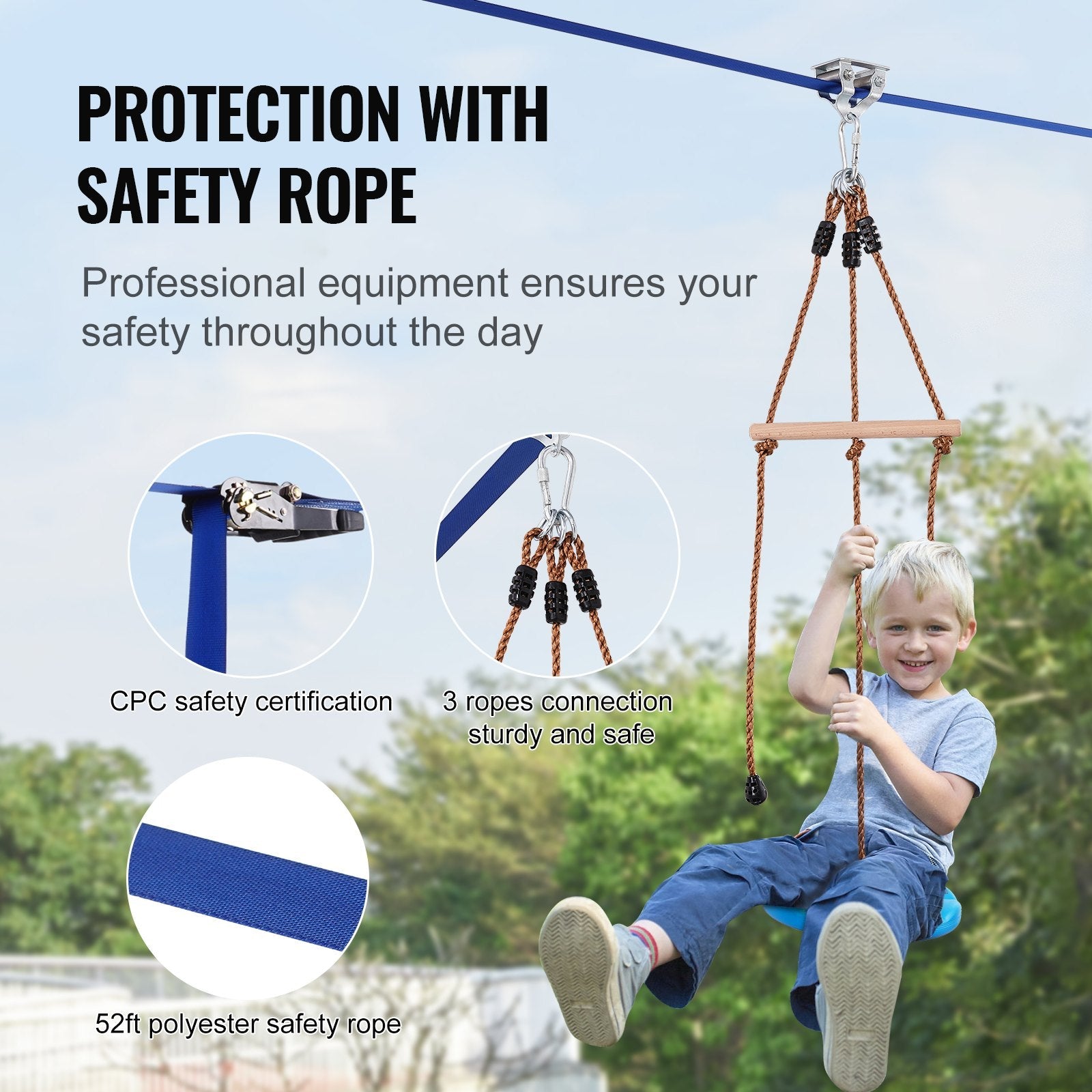 VEVOR Zipline Kit for Kids and Adult, 52 ft Zip Line Kits Up to 500 lb, Backyard Outdoor Quick Setup Zipline, Playground Entertainment with Zipline, Nylon Safety Harness, Seat, and Handlebar 