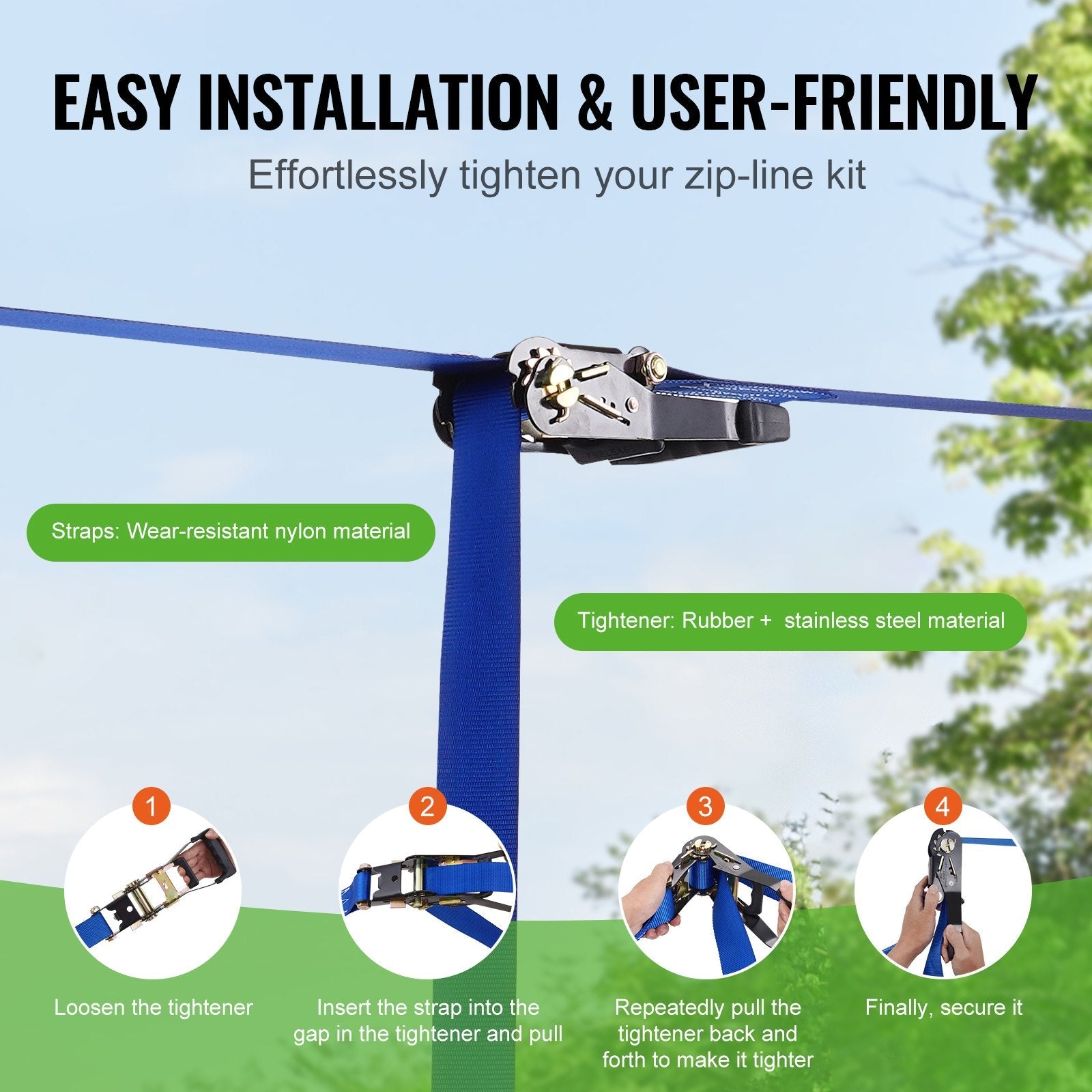VEVOR Zipline Kit for Kids and Adult, 52 ft Zip Line Kits Up to 500 lb, Backyard Outdoor Quick Setup Zipline, Playground Entertainment with Zipline, Nylon Safety Harness, Seat, and Handlebar 