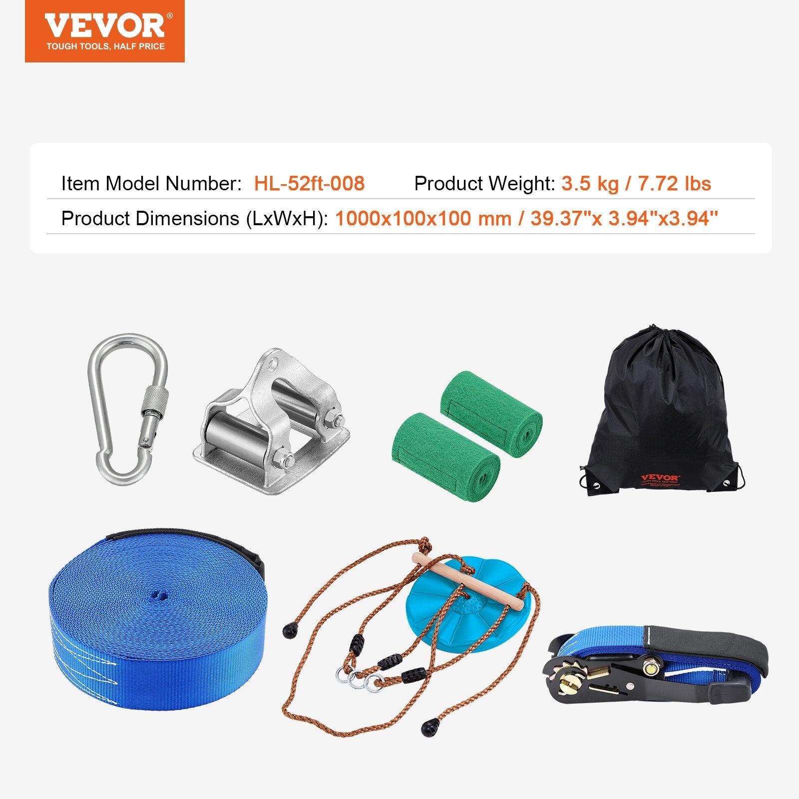 VEVOR Zipline Kit for Kids and Adult, 52 ft Zip Line Kits Up to 500 lb, Backyard Outdoor Quick Setup Zipline, Playground Entertainment with Zipline, Nylon Safety Harness, Seat, and Handlebar 