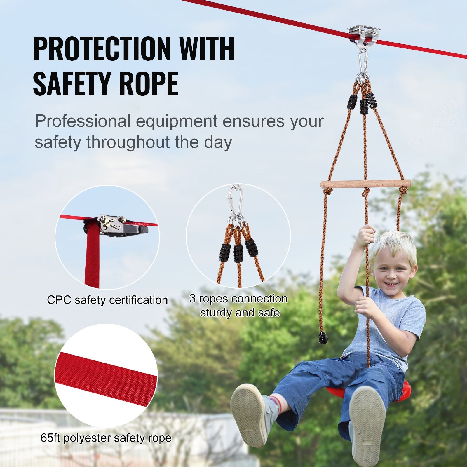 VEVOR Zipline Kit for Kids and Adult, 65 ft Zip Line Kits Up to 500 lb, Backyard Outdoor Quick Setup Zipline, Playground Entertainment with Zipline, Nylon Safety Harness, Seat, and Handlebar 