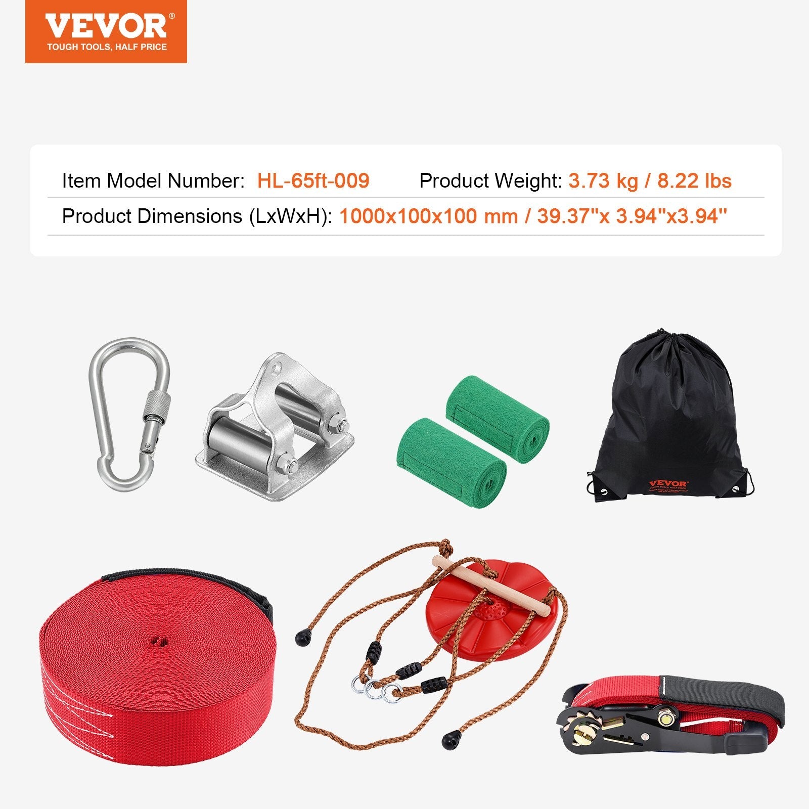 VEVOR Zipline Kit for Kids and Adult, 65 ft Zip Line Kits Up to 500 lb, Backyard Outdoor Quick Setup Zipline, Playground Entertainment with Zipline, Nylon Safety Harness, Seat, and Handlebar 