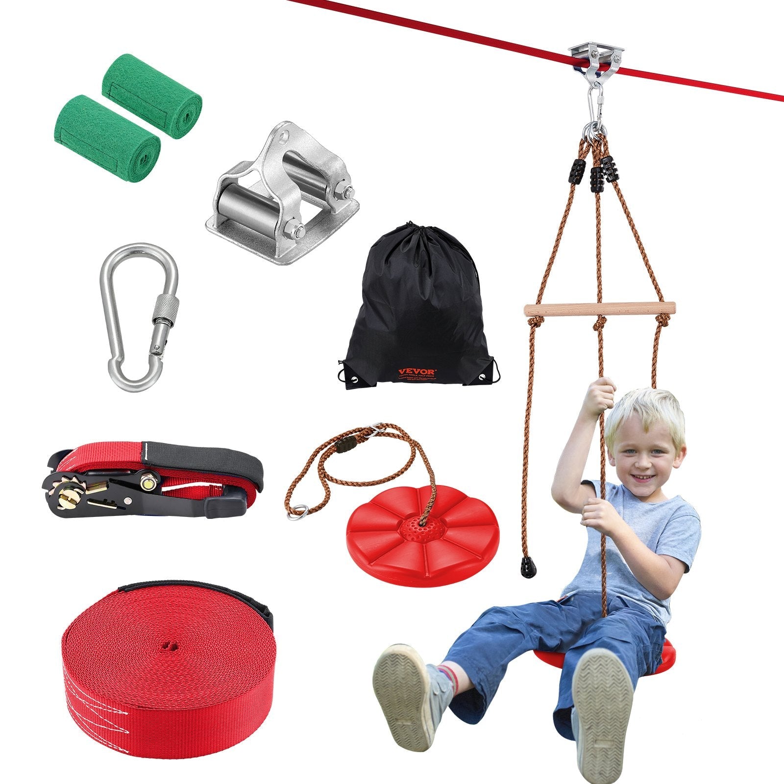 VEVOR Zipline Kit for Kids and Adult, 65 ft Zip Line Kits Up to 500 lb, Backyard Outdoor Quick Setup Zipline, Playground Entertainment with Zipline, Nylon Safety Harness, Seat, and Handlebar 