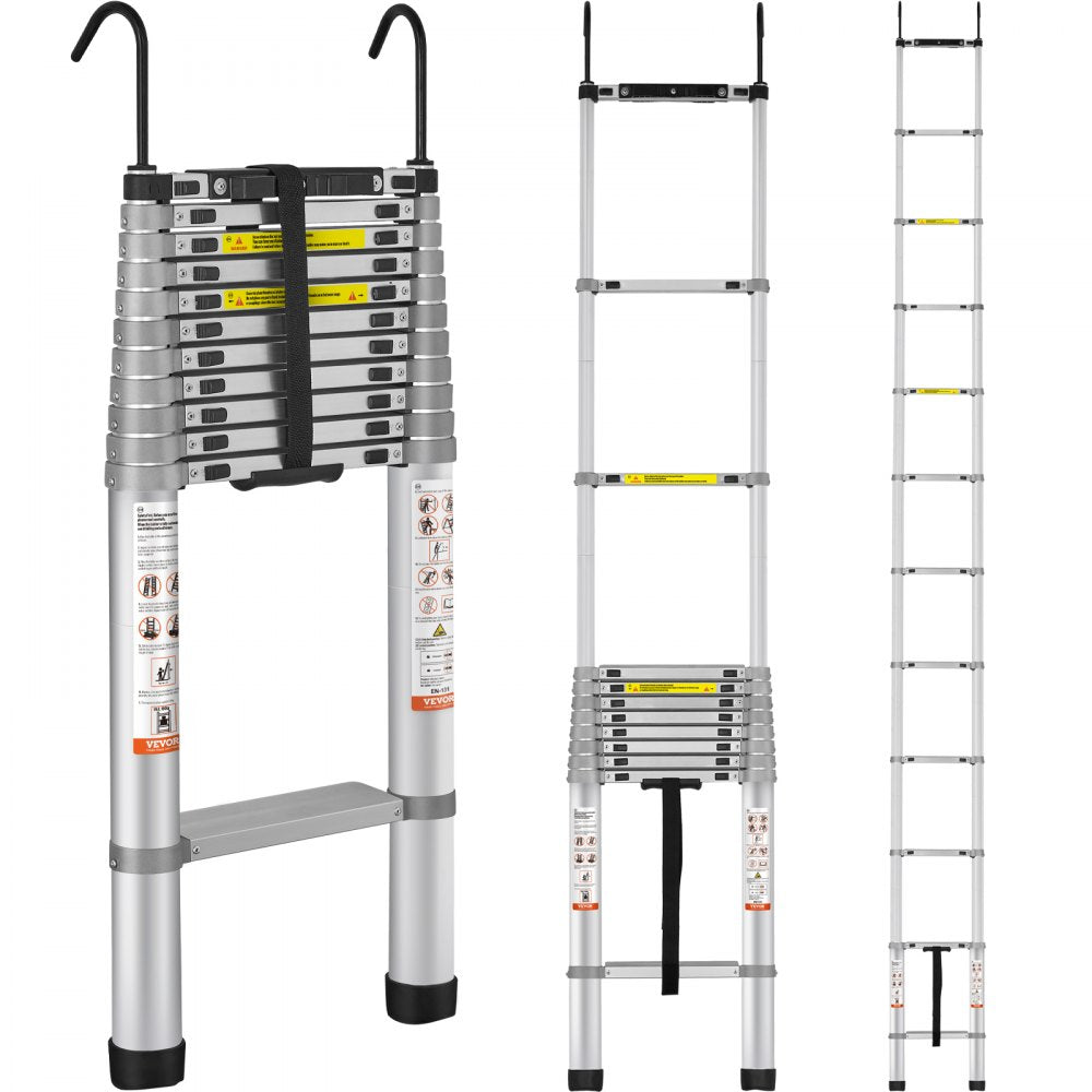VEVOR Telescoping Ladder, 15 FT Aluminum One-button Retraction Collapsible Extension Ladder, 400 LBS Capacity with Non-slip Feet, Portable Multi-purpose Compact Ladder for Home, RV, Loft, ANSI Liste 