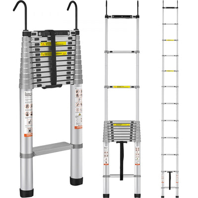 VEVOR Telescoping Ladder, 15 FT Aluminum One-button Retraction Collapsible Extension Ladder, 400 LBS Capacity with Non-slip Feet, Portable Multi-purpose Compact Ladder for Home, RV, Loft, ANSI Liste 