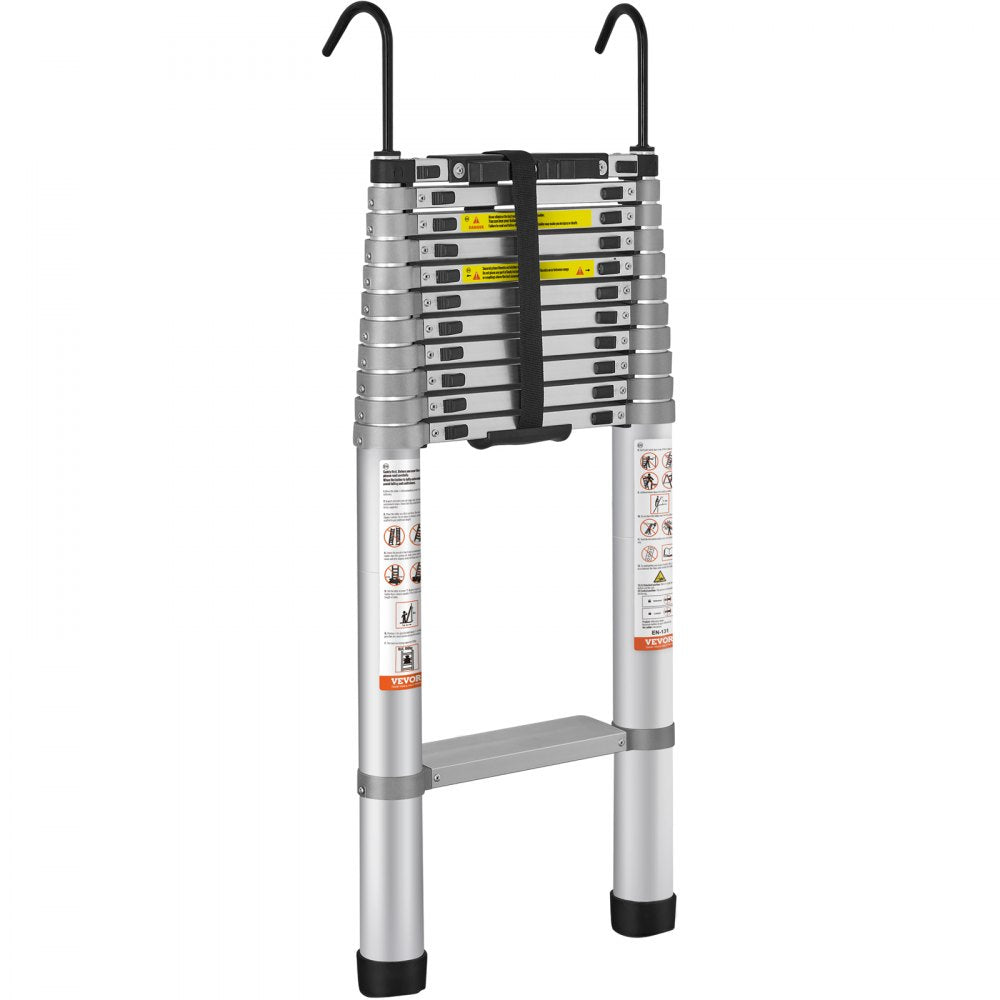 VEVOR Telescoping Ladder, 15 FT Aluminum One-button Retraction Collapsible Extension Ladder, 400 LBS Capacity with Non-slip Feet, Portable Multi-purpose Compact Ladder for Home, RV, Loft, ANSI Liste 