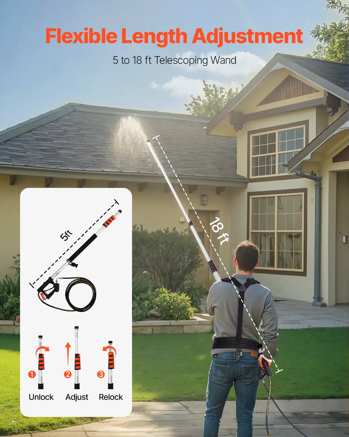 VEVOR Pressure Washer Telescoping Wand 18 ft Brush Head Telescopic Spray Wand 