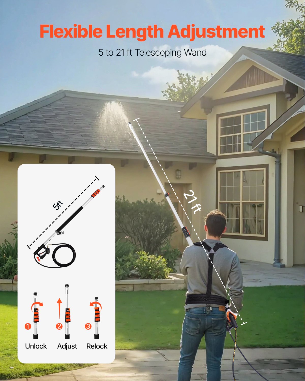 VEVOR Pressure Washer Telescoping Wand 21 ft Brush Head Telescopic Spray Wand 