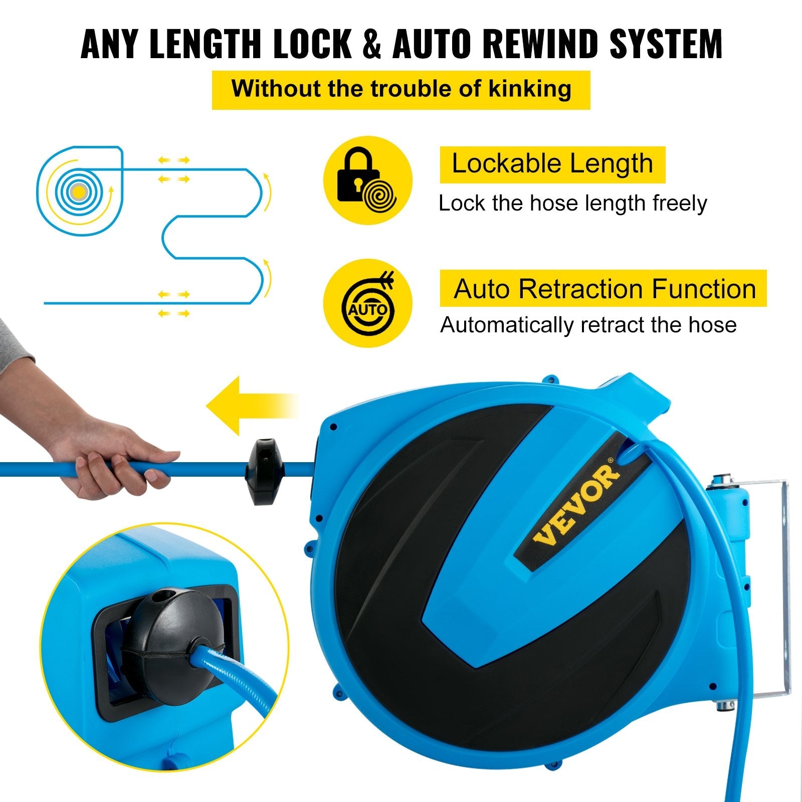 VEVOR Retractable Hose Reel, 5/8 inch x 65 ft, Any Length Lock & Automatic Rewind Water Hose, Wall Mounted Garden Hose Reel w/ 180° Swivel Bracket and 7 Pattern Hose Nozzle, Blue 