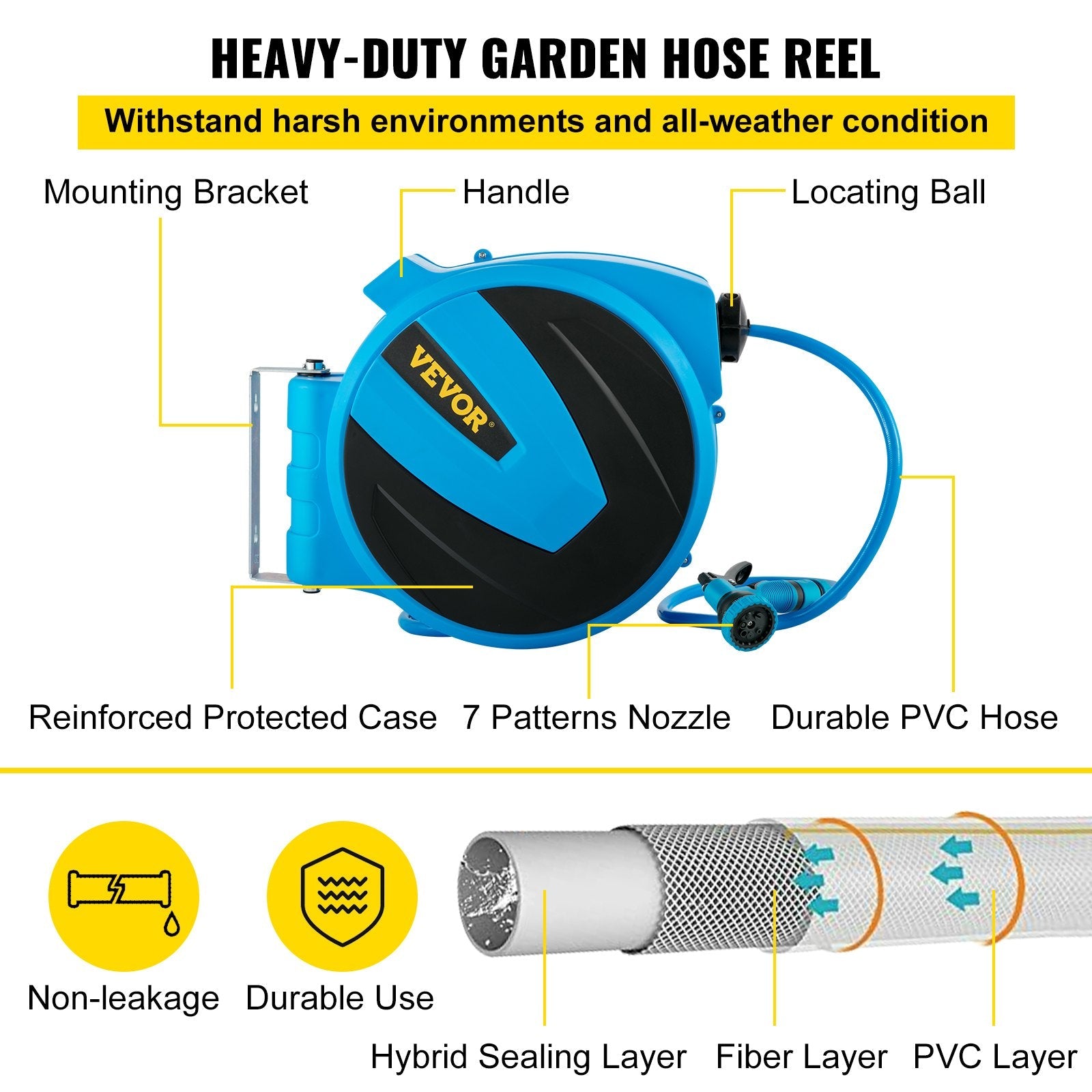 VEVOR Retractable Hose Reel, 5/8 inch x 65 ft, Any Length Lock & Automatic Rewind Water Hose, Wall Mounted Garden Hose Reel w/ 180° Swivel Bracket and 7 Pattern Hose Nozzle, Blue 