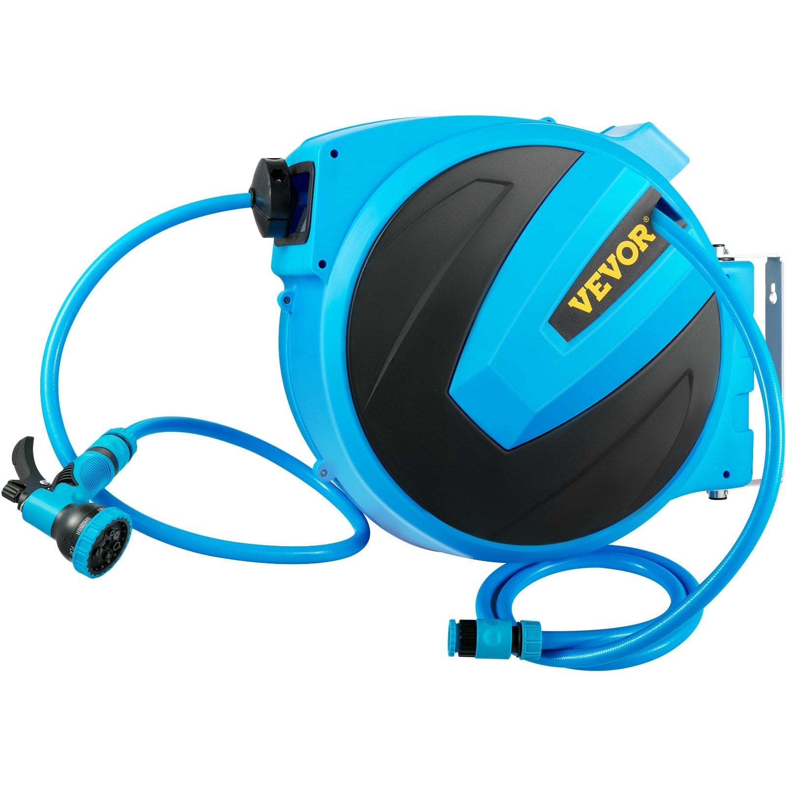 VEVOR Retractable Hose Reel, 5/8 inch x 65 ft, Any Length Lock & Automatic Rewind Water Hose, Wall Mounted Garden Hose Reel w/ 180° Swivel Bracket and 7 Pattern Hose Nozzle, Blue 