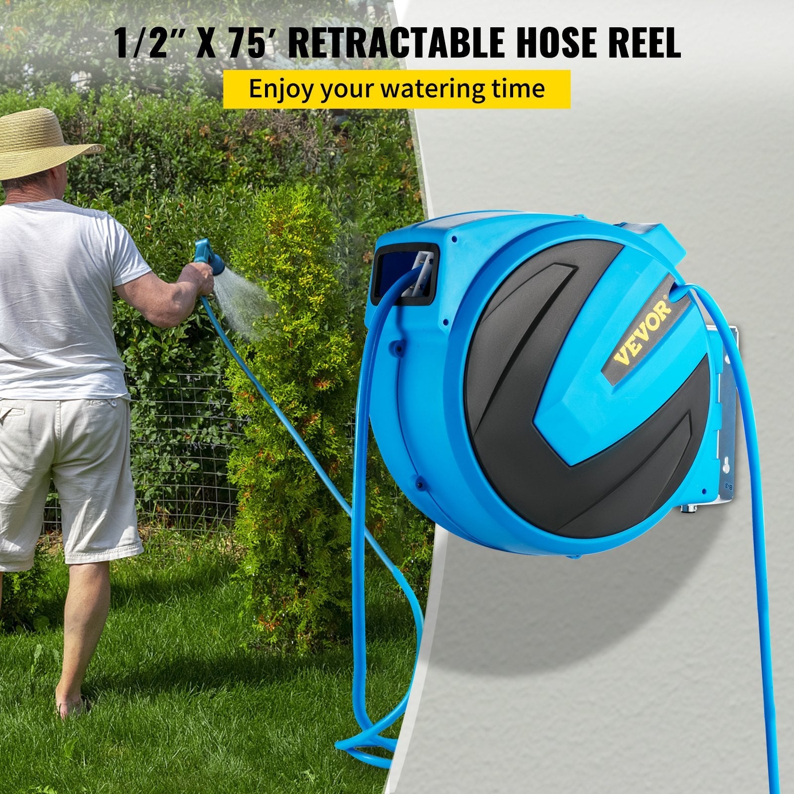VEVOR Retractable Hose Reel, 1/2 inch x 75 ft, Any Length Lock & Automatic Rewind Water Hose, Wall Mounted Garden Hose Reel w/ 180° Swivel Bracket and 7 Pattern Hose Nozzle, Blue 