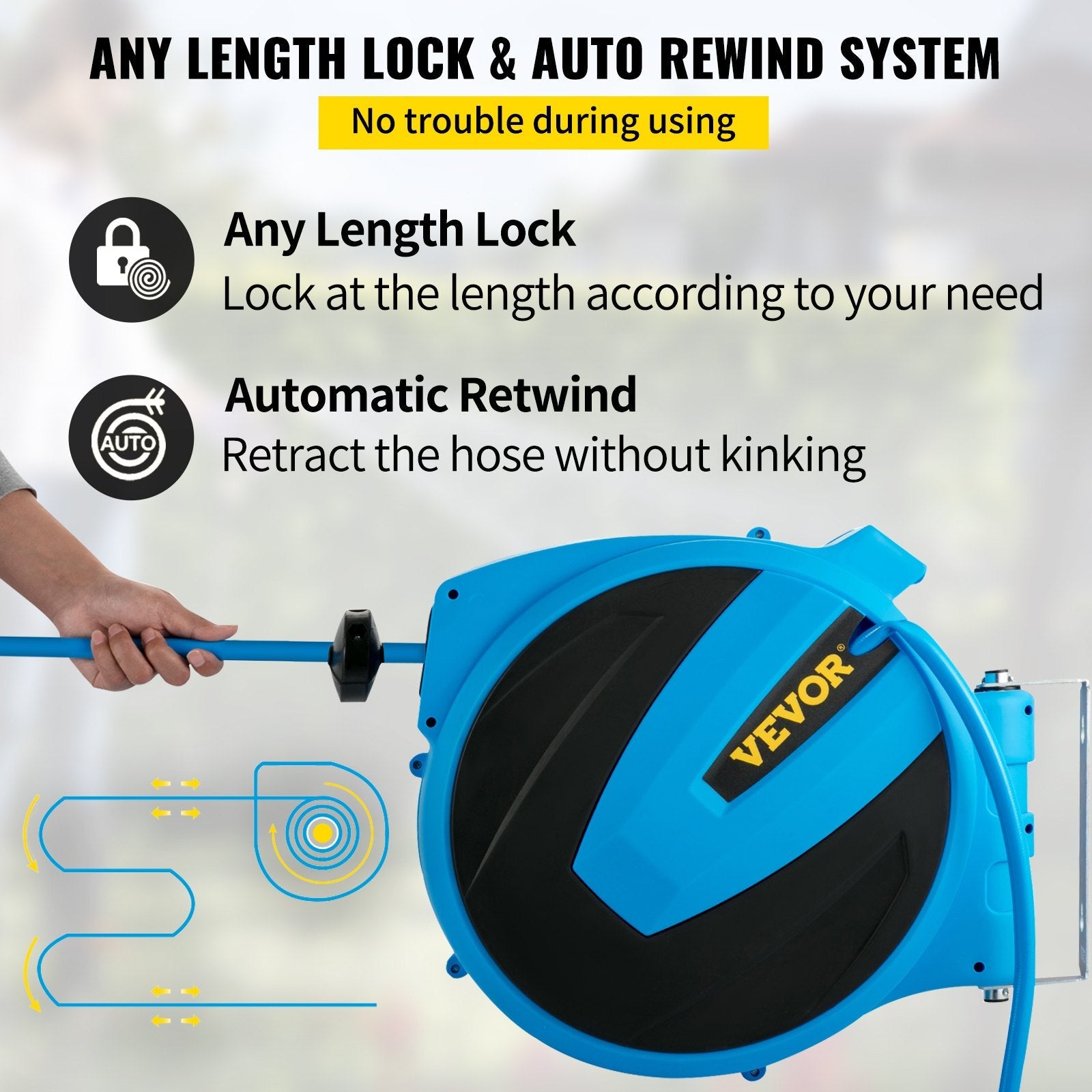 VEVOR Retractable Hose Reel, 1/2 inch x 75 ft, Any Length Lock & Automatic Rewind Water Hose, Wall Mounted Garden Hose Reel w/ 180° Swivel Bracket and 7 Pattern Hose Nozzle, Blue 
