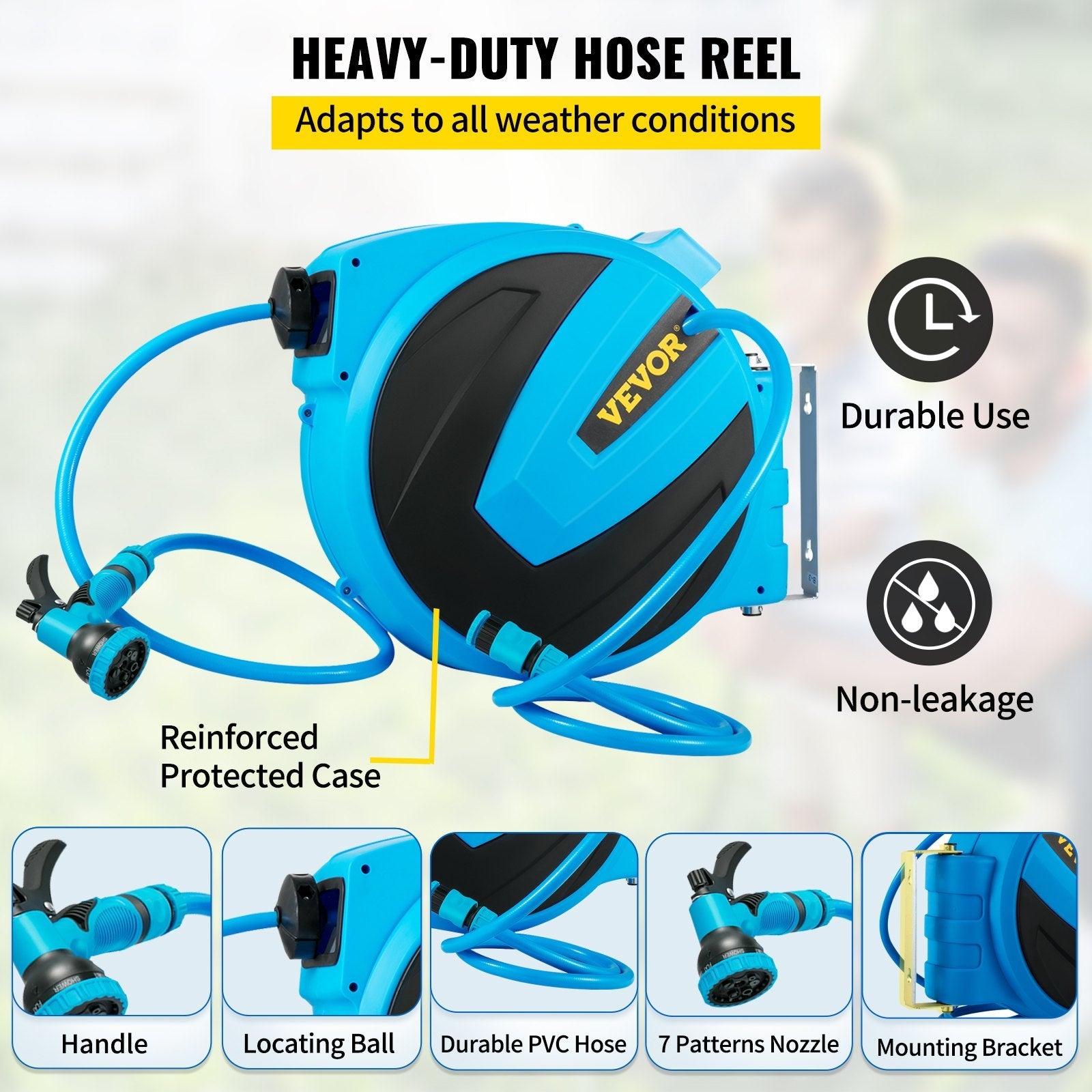 VEVOR Retractable Hose Reel, 1/2 inch x 75 ft, Any Length Lock & Automatic Rewind Water Hose, Wall Mounted Garden Hose Reel w/ 180° Swivel Bracket and 7 Pattern Hose Nozzle, Blue 