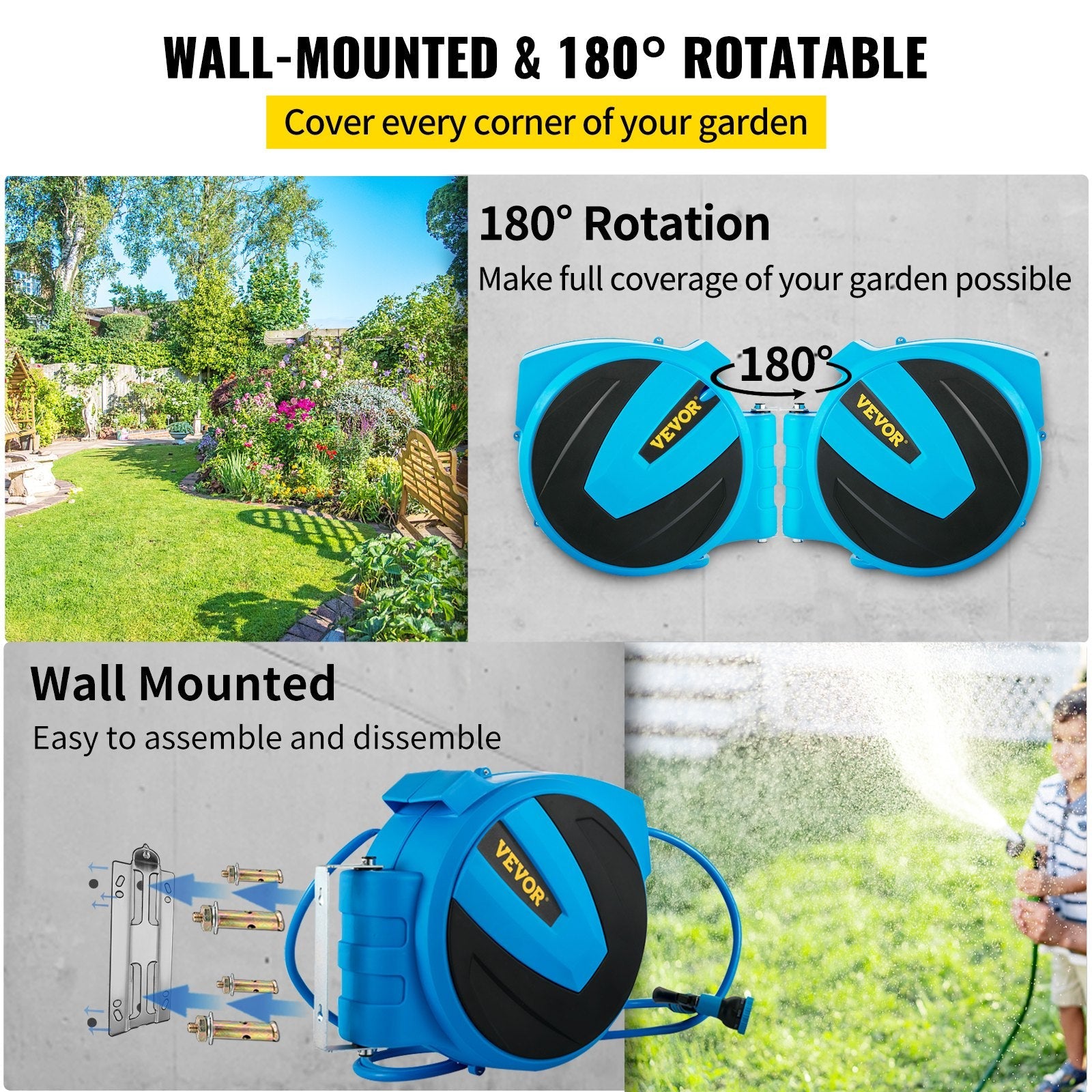 VEVOR Retractable Hose Reel, 1/2 inch x 75 ft, Any Length Lock & Automatic Rewind Water Hose, Wall Mounted Garden Hose Reel w/ 180° Swivel Bracket and 7 Pattern Hose Nozzle, Blue 