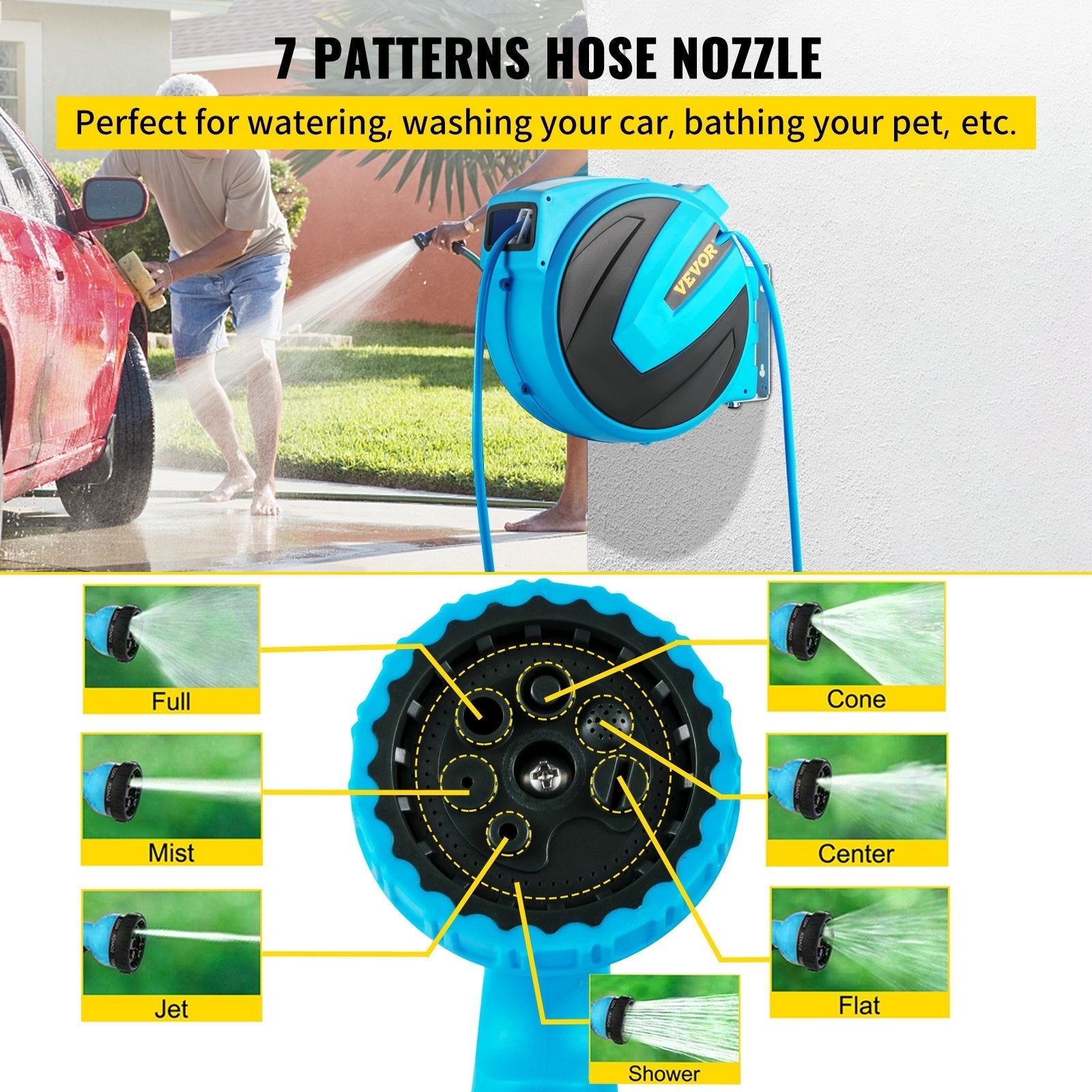 VEVOR Retractable Hose Reel, 1/2 inch x 75 ft, Any Length Lock & Automatic Rewind Water Hose, Wall Mounted Garden Hose Reel w/ 180° Swivel Bracket and 7 Pattern Hose Nozzle, Blue 