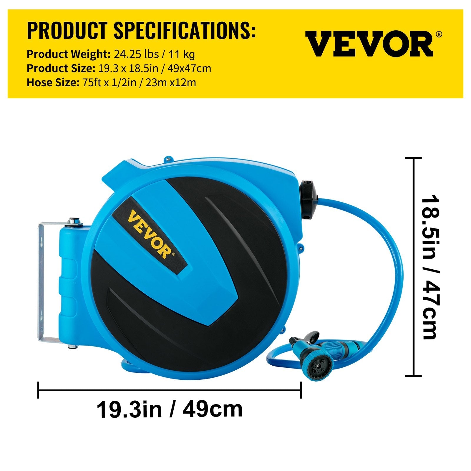 VEVOR Retractable Hose Reel, 1/2 inch x 75 ft, Any Length Lock & Automatic Rewind Water Hose, Wall Mounted Garden Hose Reel w/ 180° Swivel Bracket and 7 Pattern Hose Nozzle, Blue 