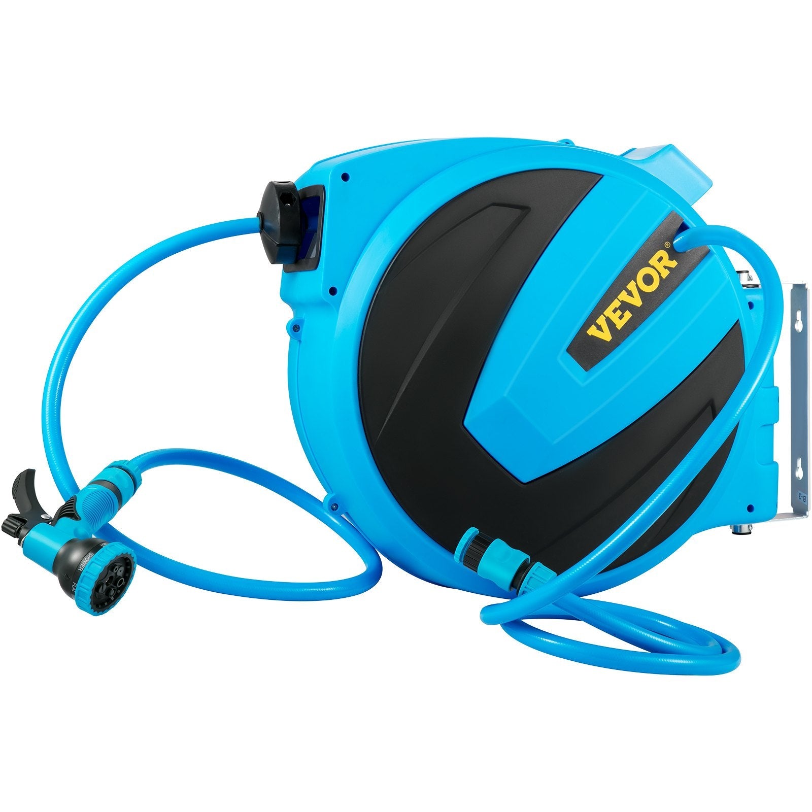 VEVOR Retractable Hose Reel, 1/2 inch x 85 ft, Any Length Lock & Automatic Rewind Water Hose, Wall Mounted Garden Hose Reel w/ 180° Swivel Bracket and 7 Pattern Hose Nozzle, Blue 